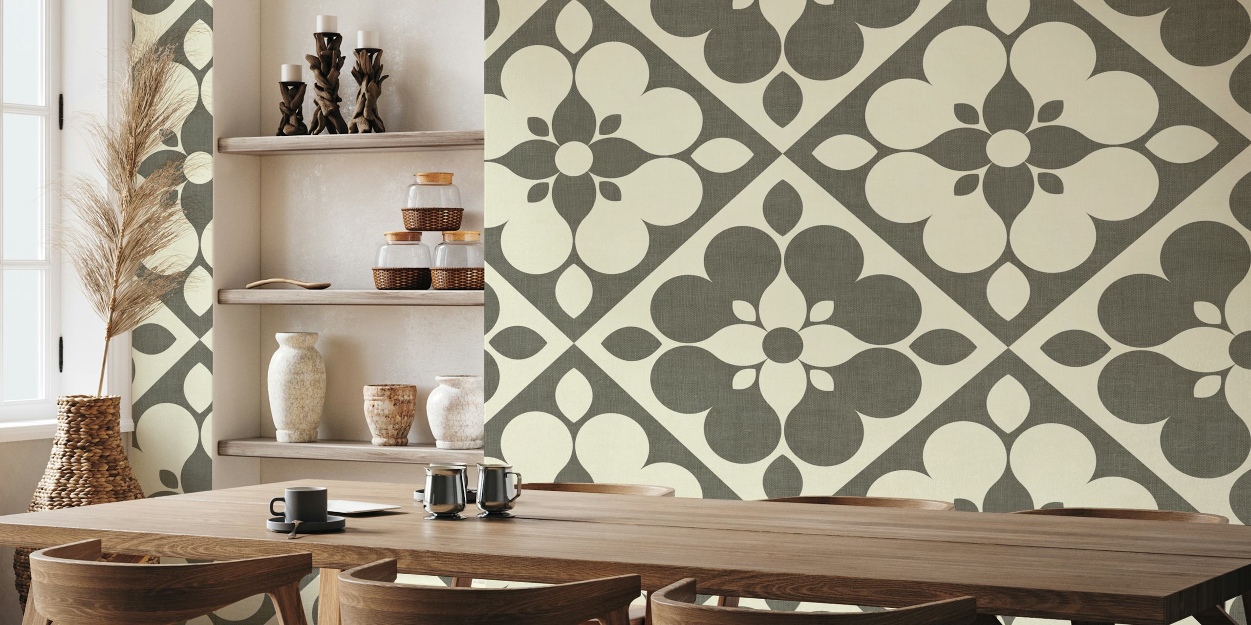 Neutral geometric floral pattern wallpaper in gray tones