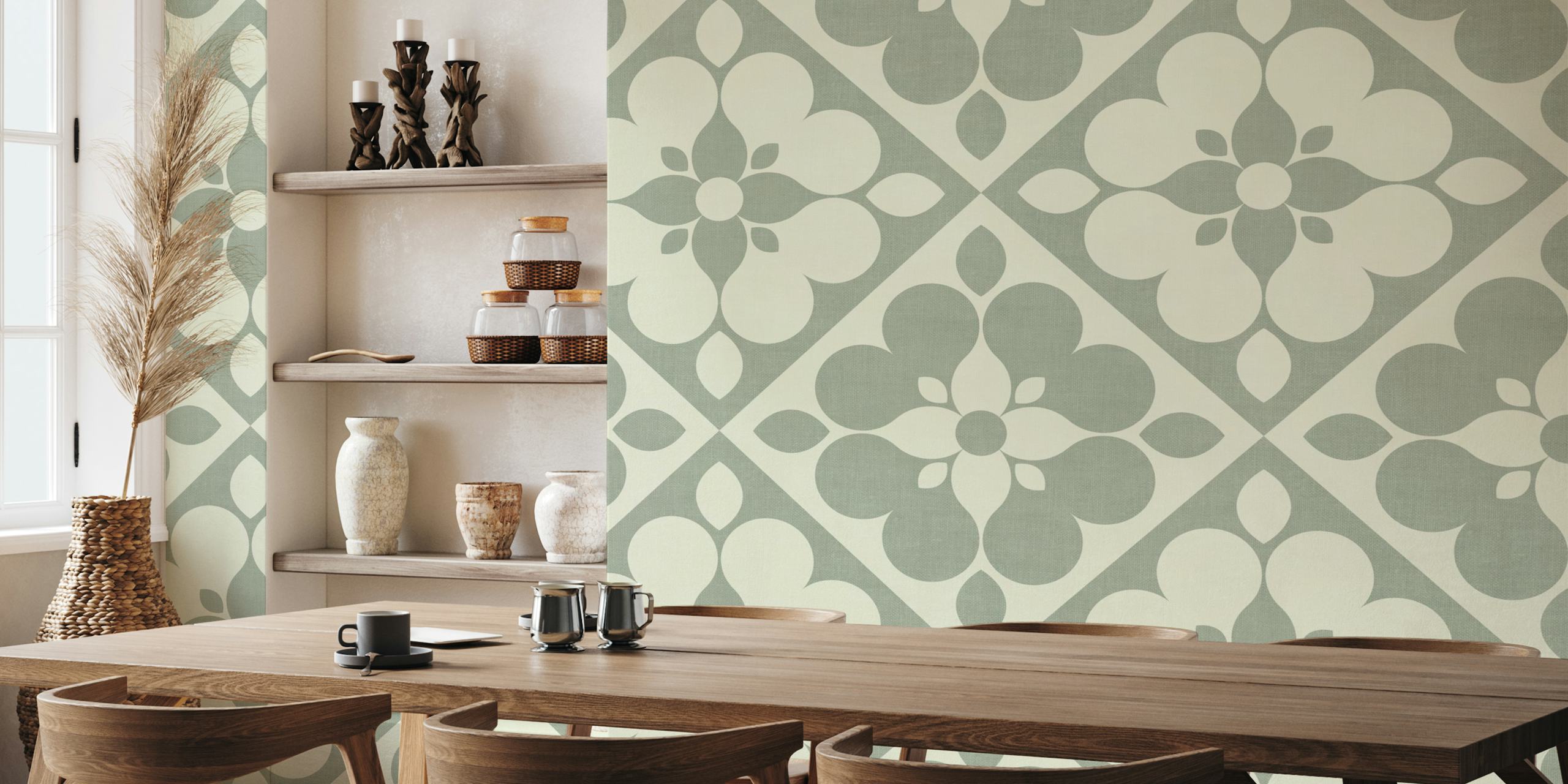 Sage green Retro Geometric Floral Quilt Tapete in einem Raum