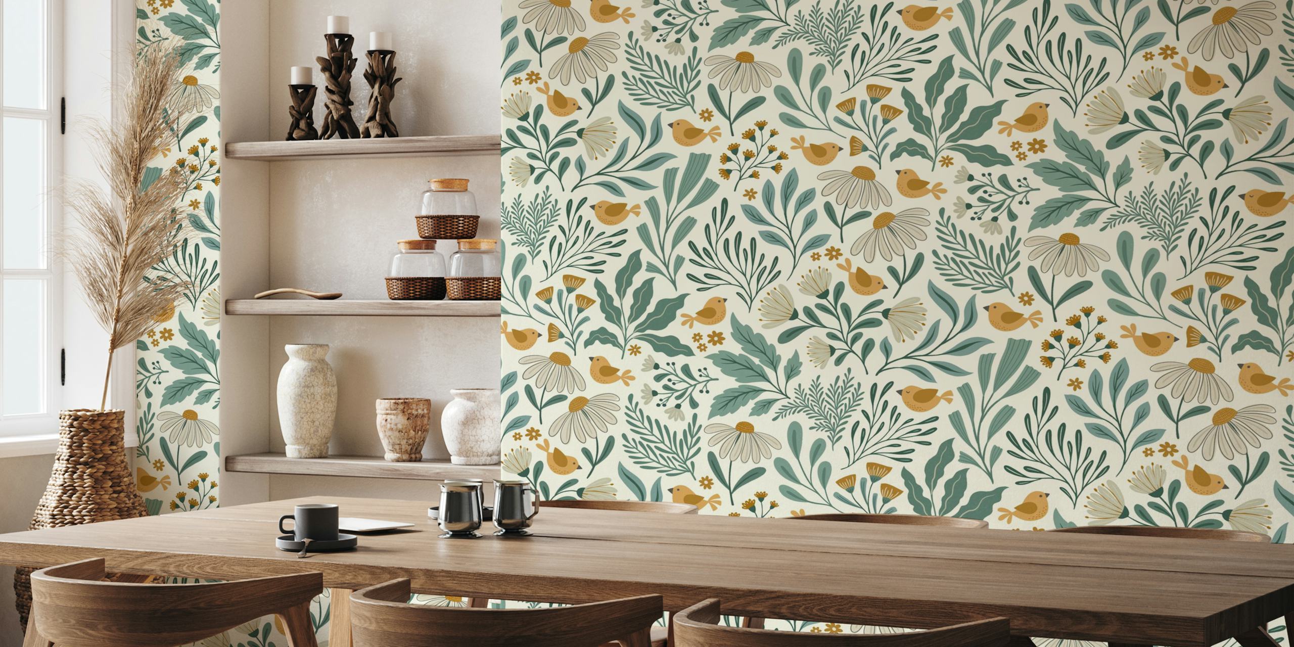 Boho garden wallpaper design with green and tan