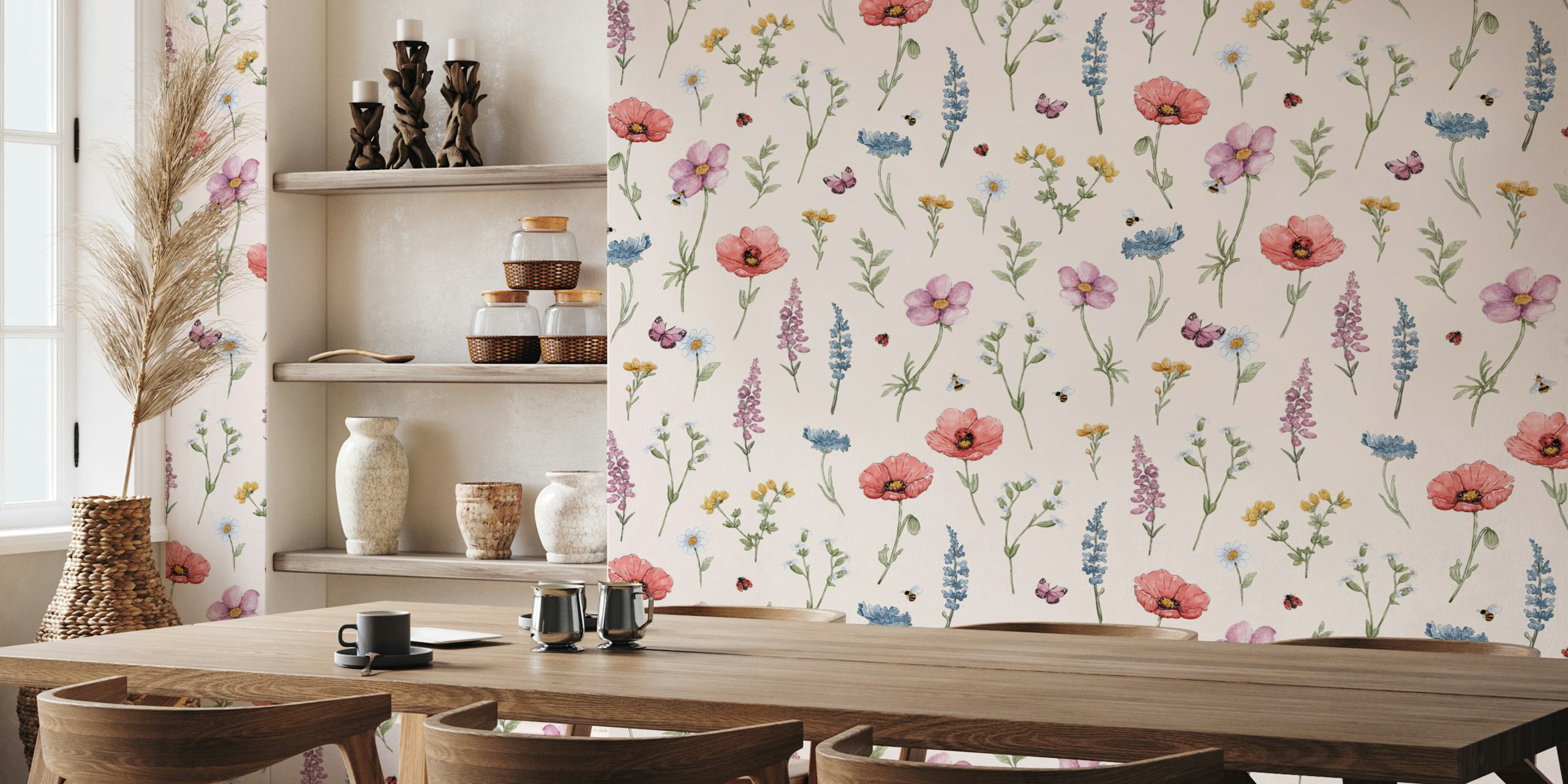 Floral pattern with pink, blue, and yellow flowers on beige wallpaper.