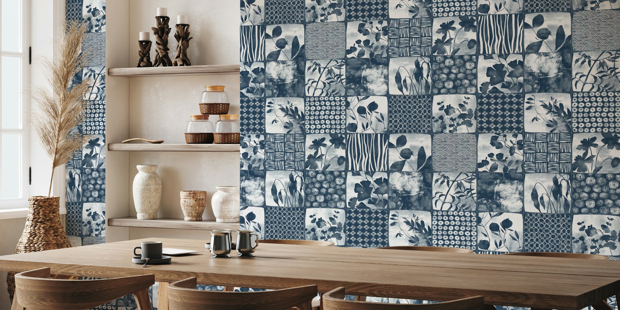 Nippon Cheater Quilt Indigo Blue White wallpaper in room
