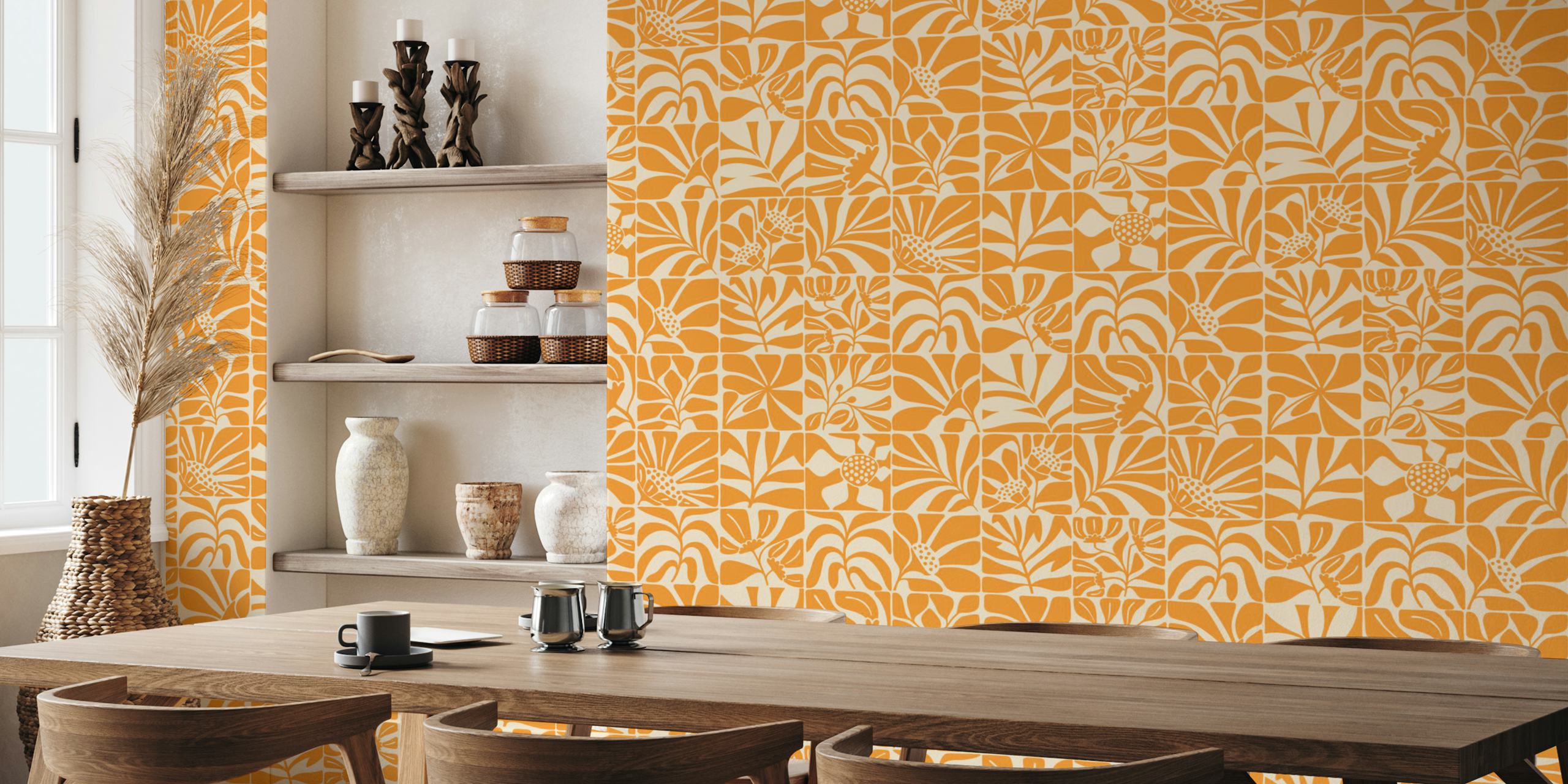 Minimalist Floral Tiles Yellow papel pintado en una habitación