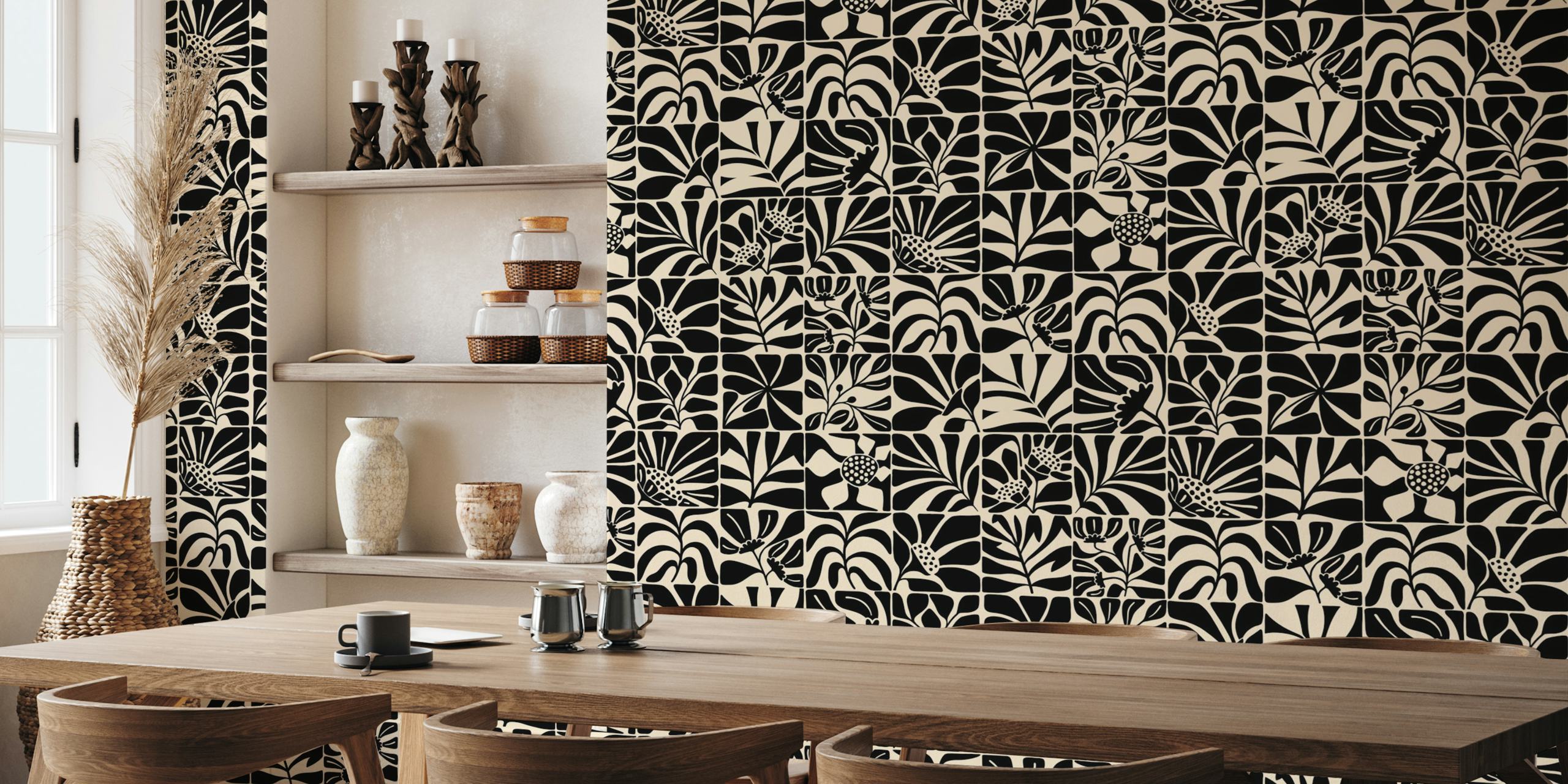 Black minimalist floral tiles pattern wallpaper
