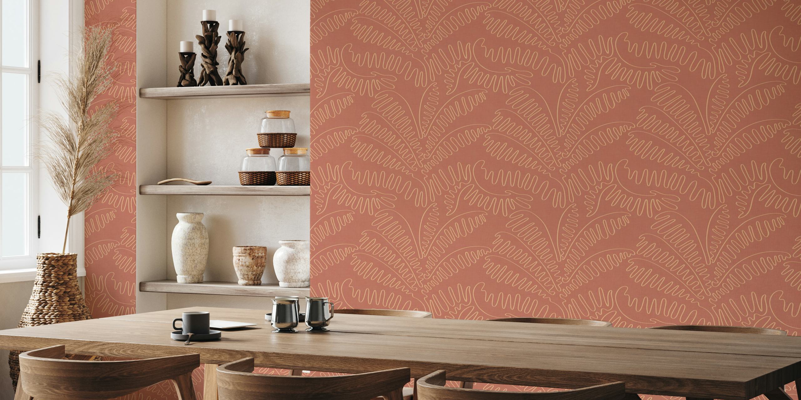 Line Art Palm Leaves Vintage Desert Blush WP in een kamer