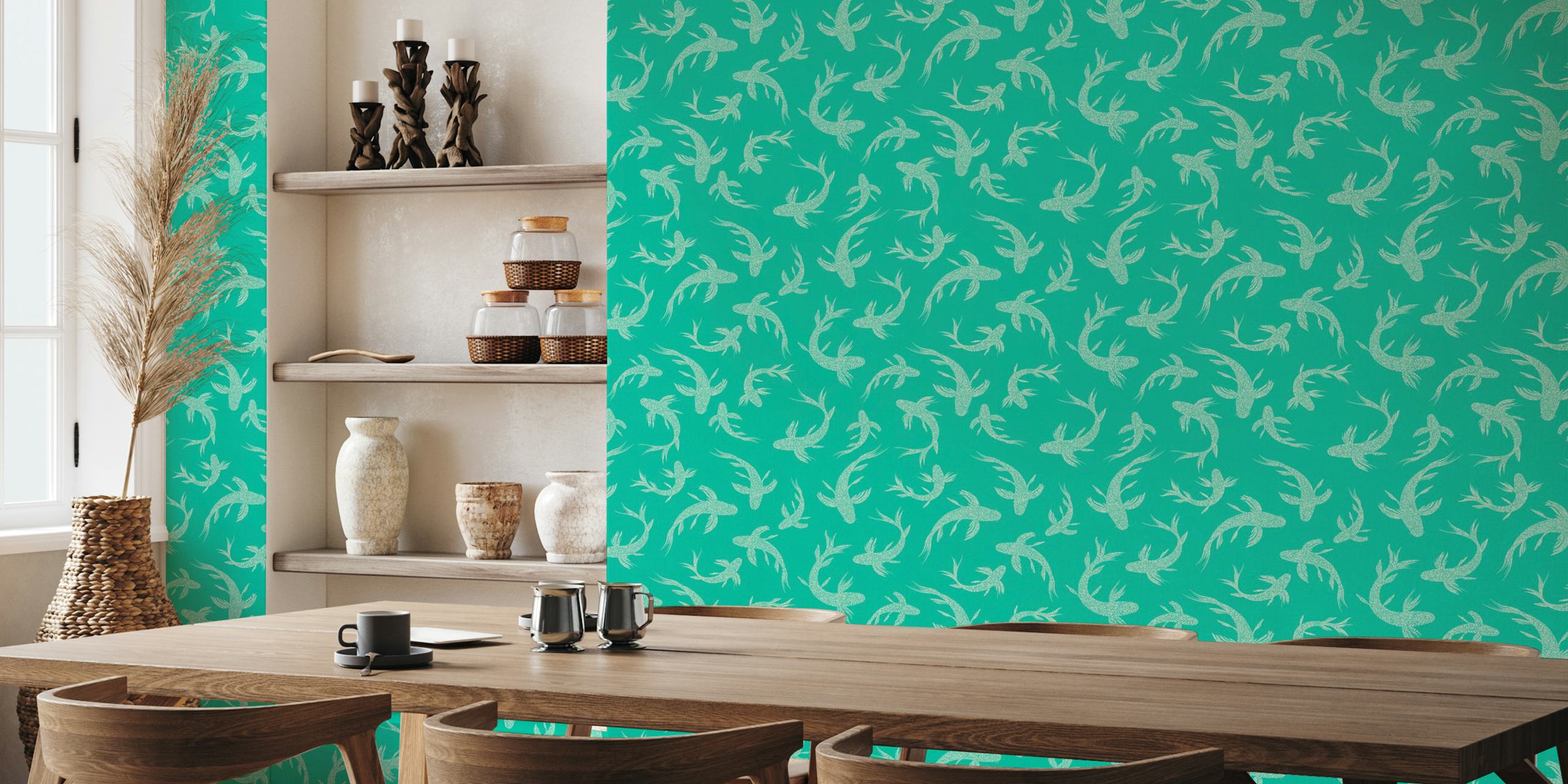 Aqua green wallpaper featuring koi fish in white, whimsical design