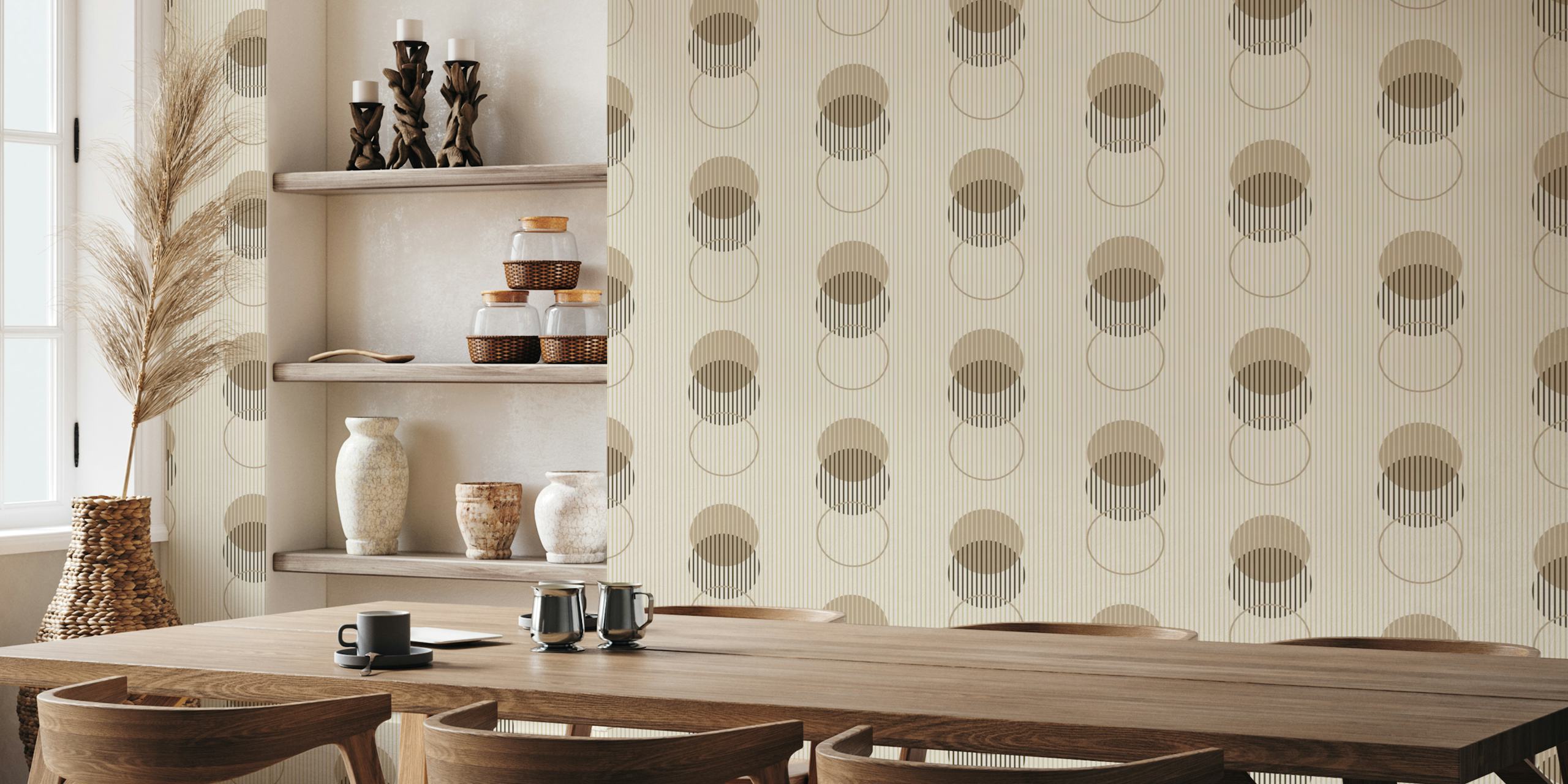 Geometric dots and stripes in brown and beige wallpaper