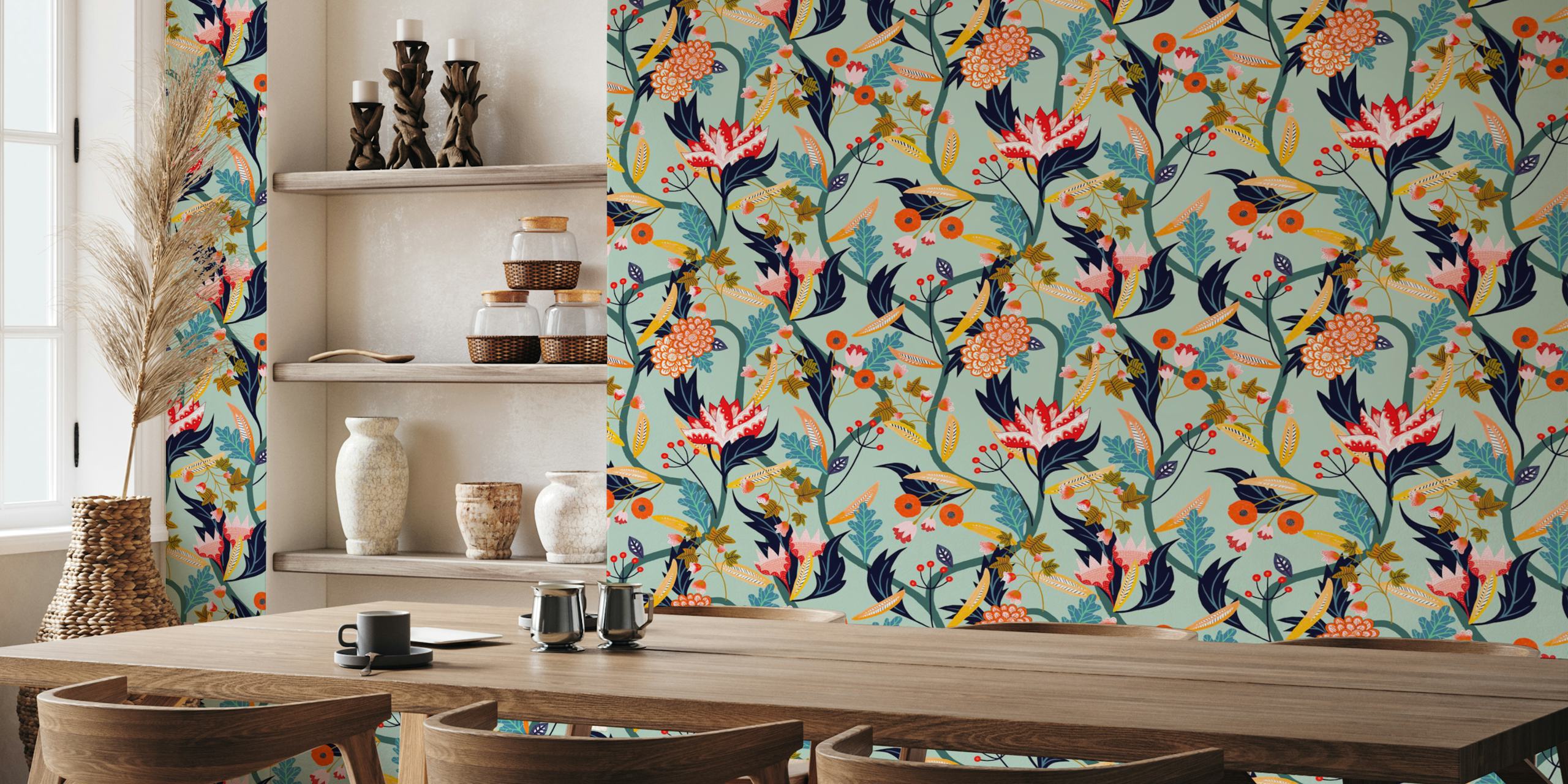 Floral stems and leaves in sage mint, pink, and navy wallpaper