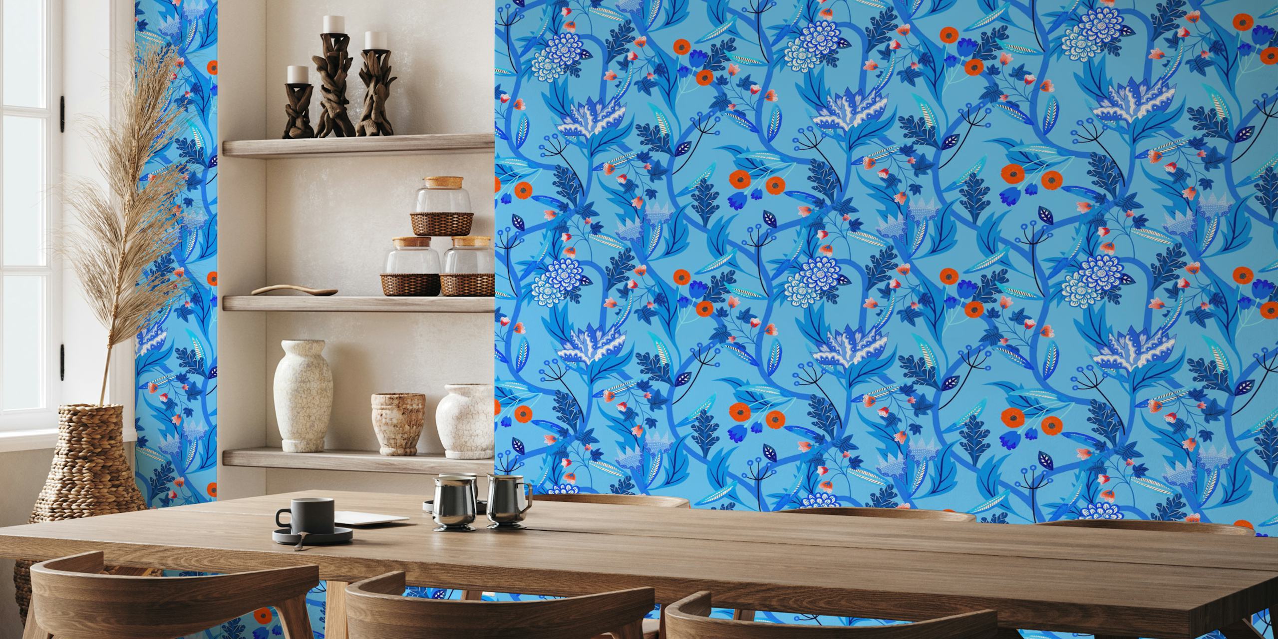 Blue floral design with various flowers and leaves wallpaper