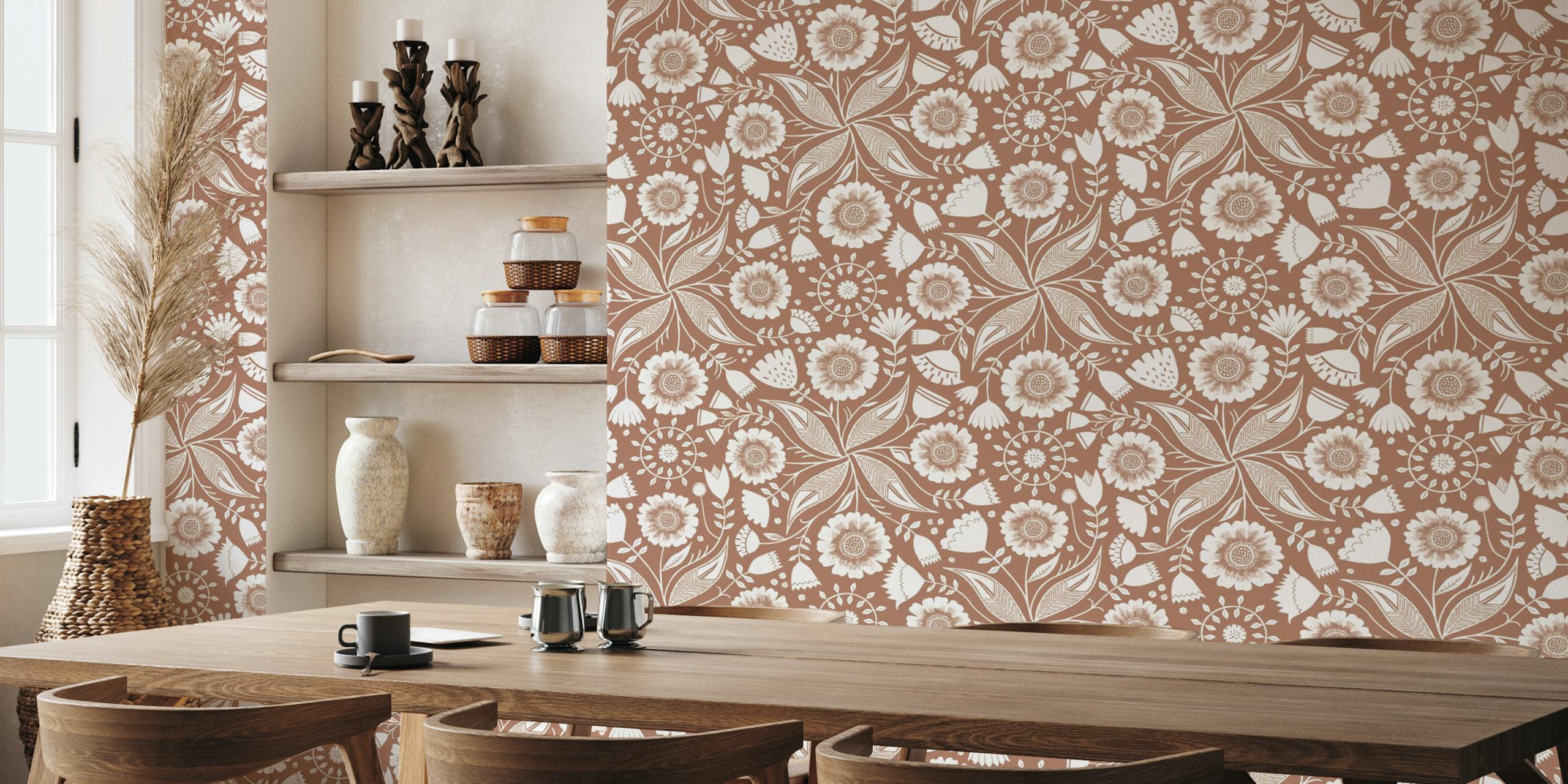 Floral pattern wallpaper with white flowers and leaves on mocha brown background