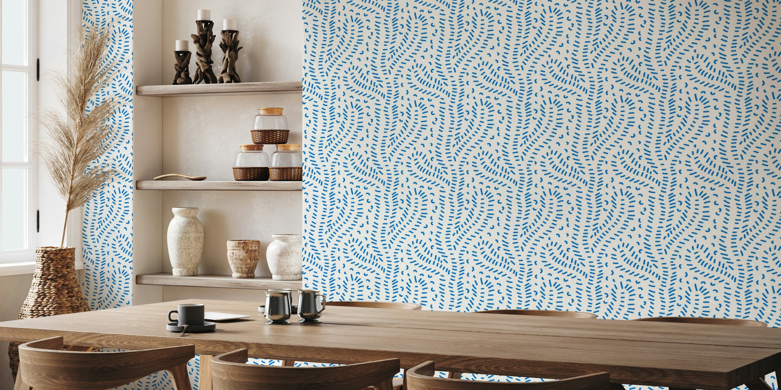 Blue doodle cactus shapes on white background wallpaper