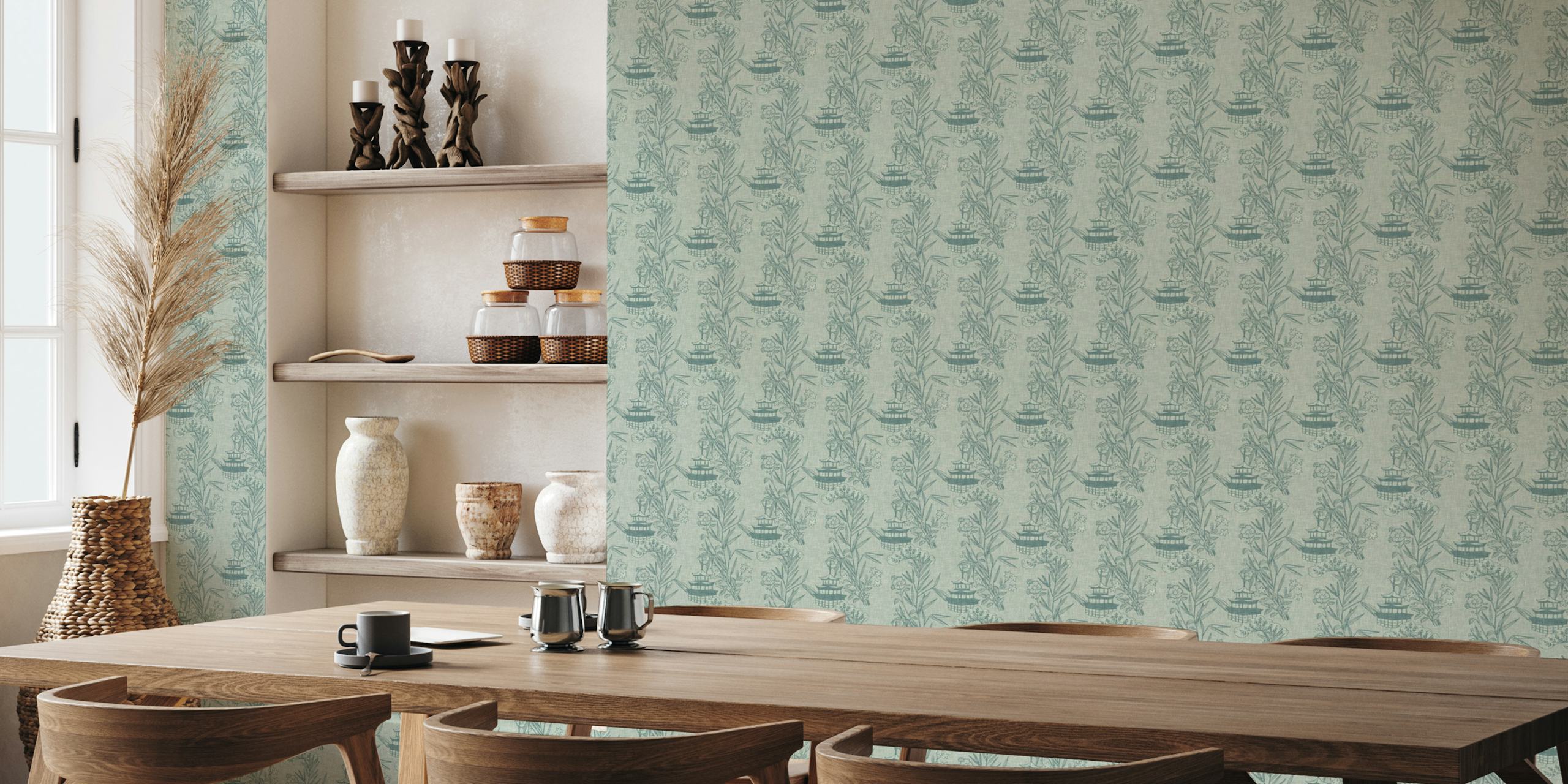 Chinese neutral toile wallpaper with pagoda design