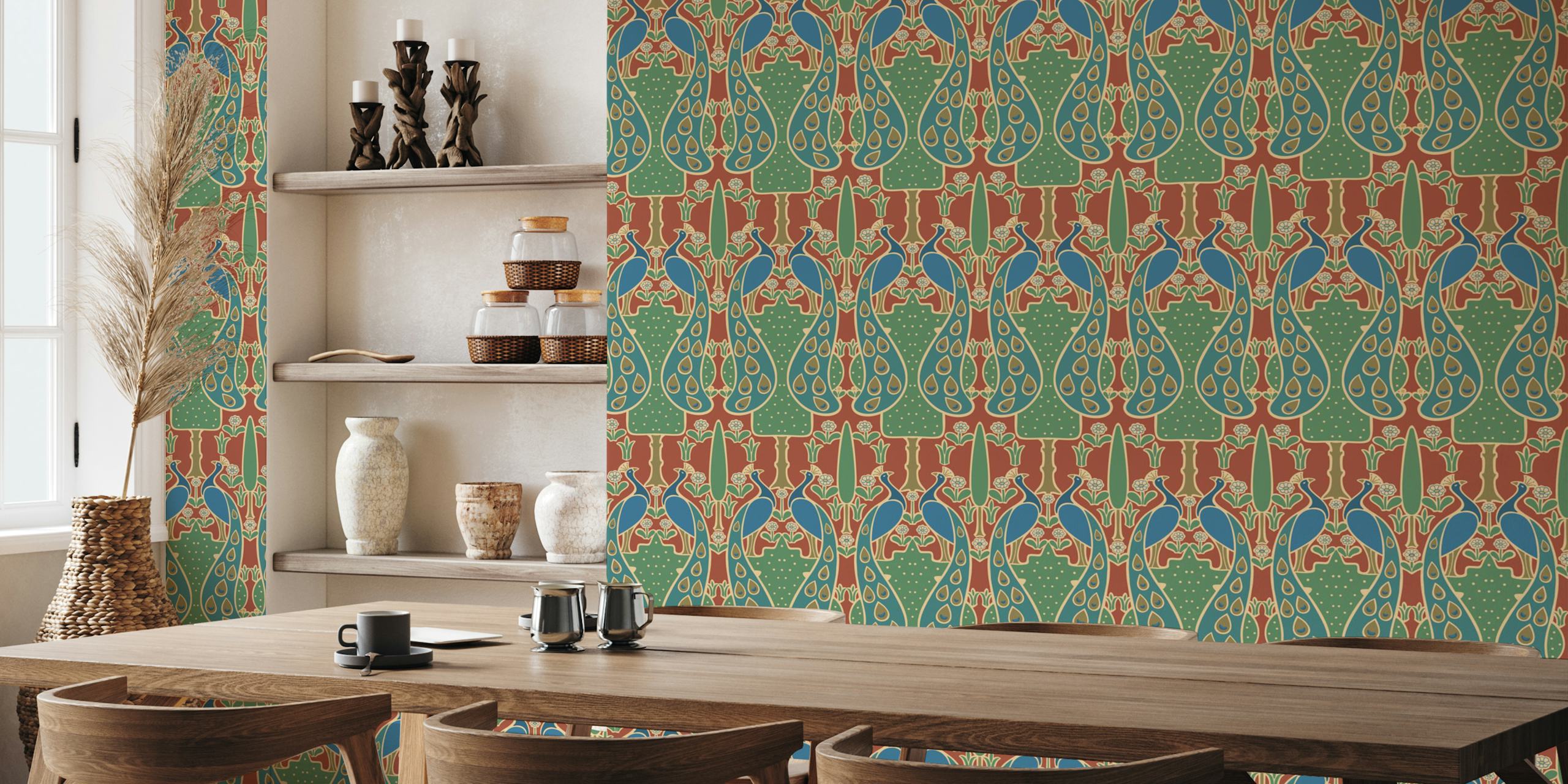 Peacock and floral pattern in blue and green vintage wallpaper