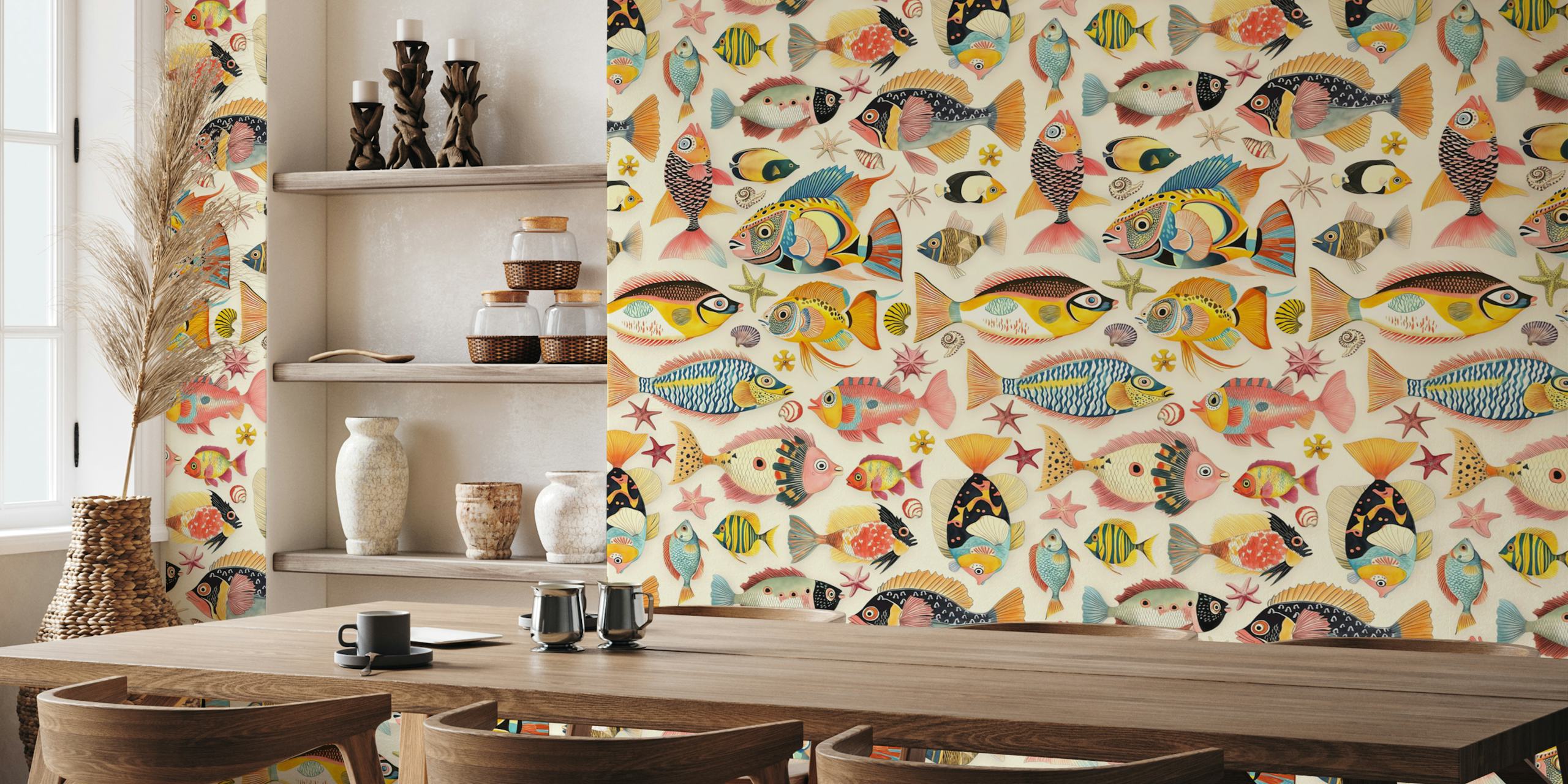Vibrant fish wallpaper in a stylish setting