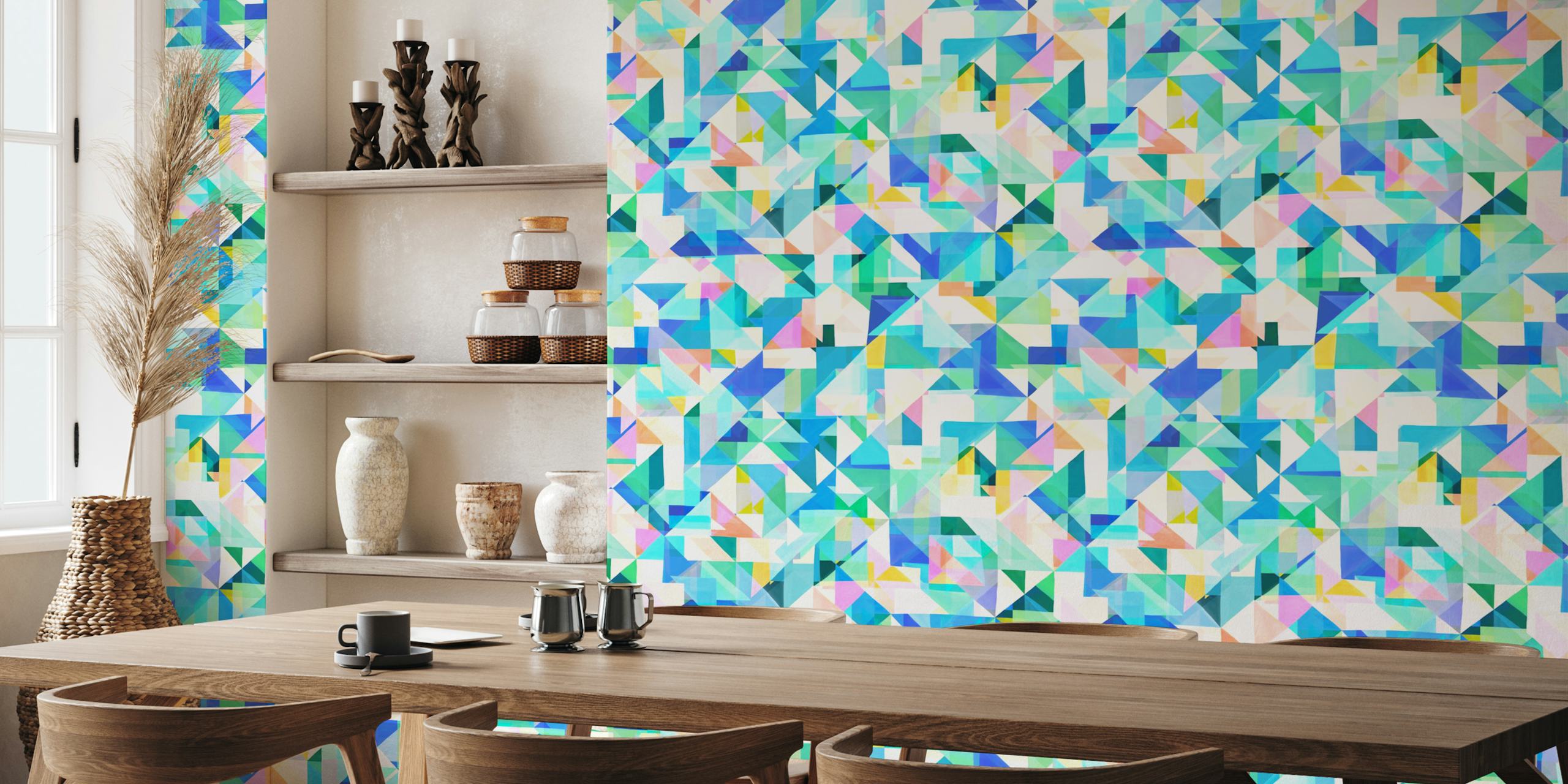 Colorful geometric triangles in blue and pastel tones wallpaper