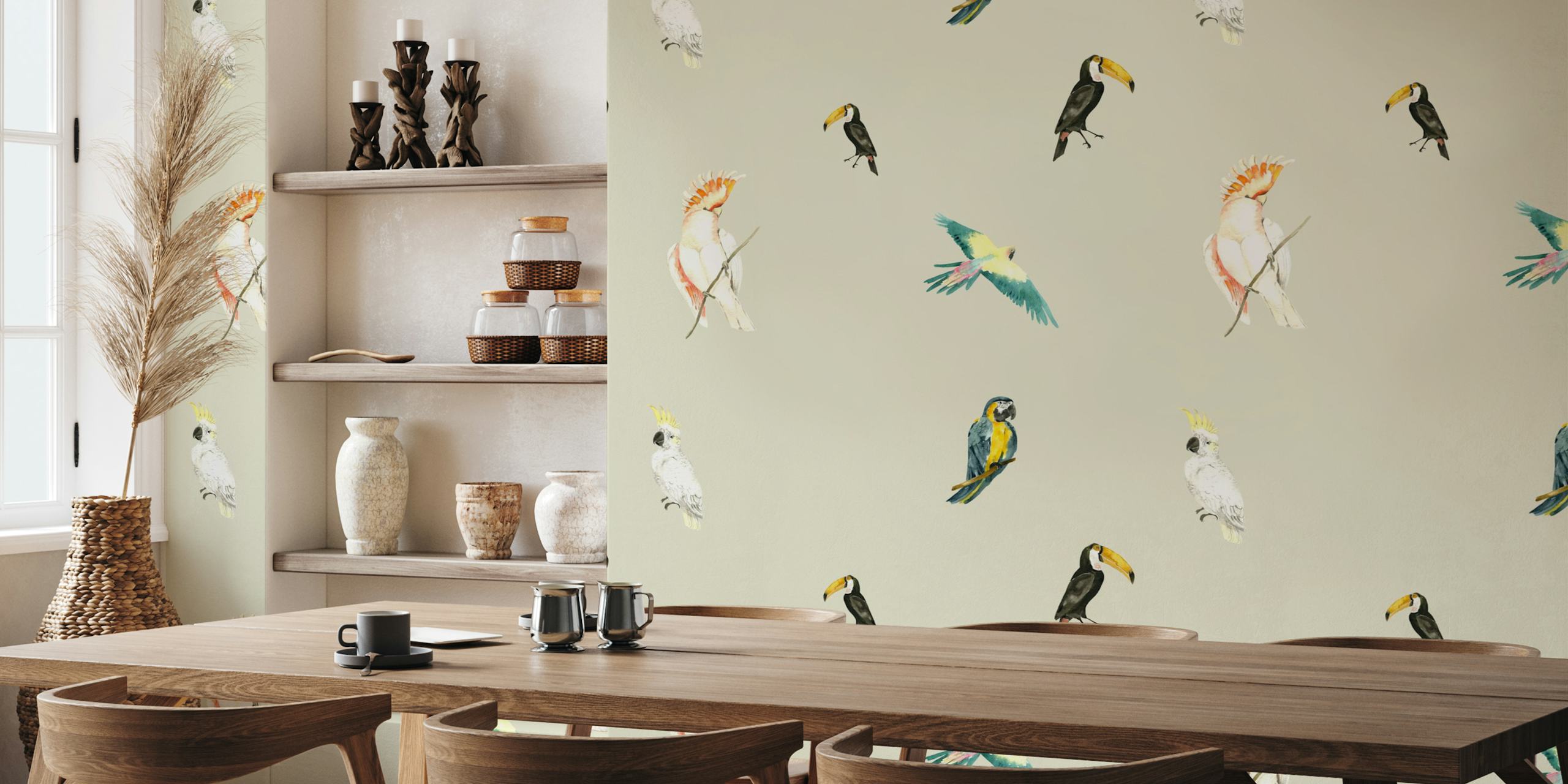 Scattered tropical birds watercolor wallpaper in a room