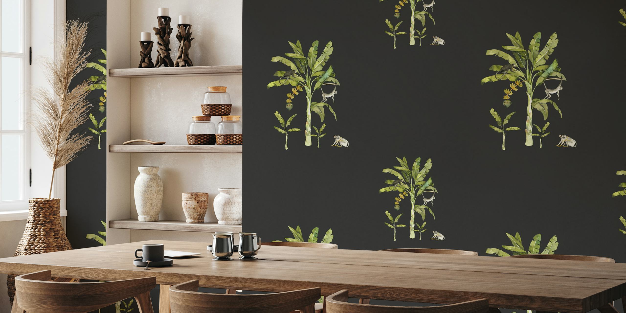 Tropical jungle with monkeys, green leaves, off-black wallpaper