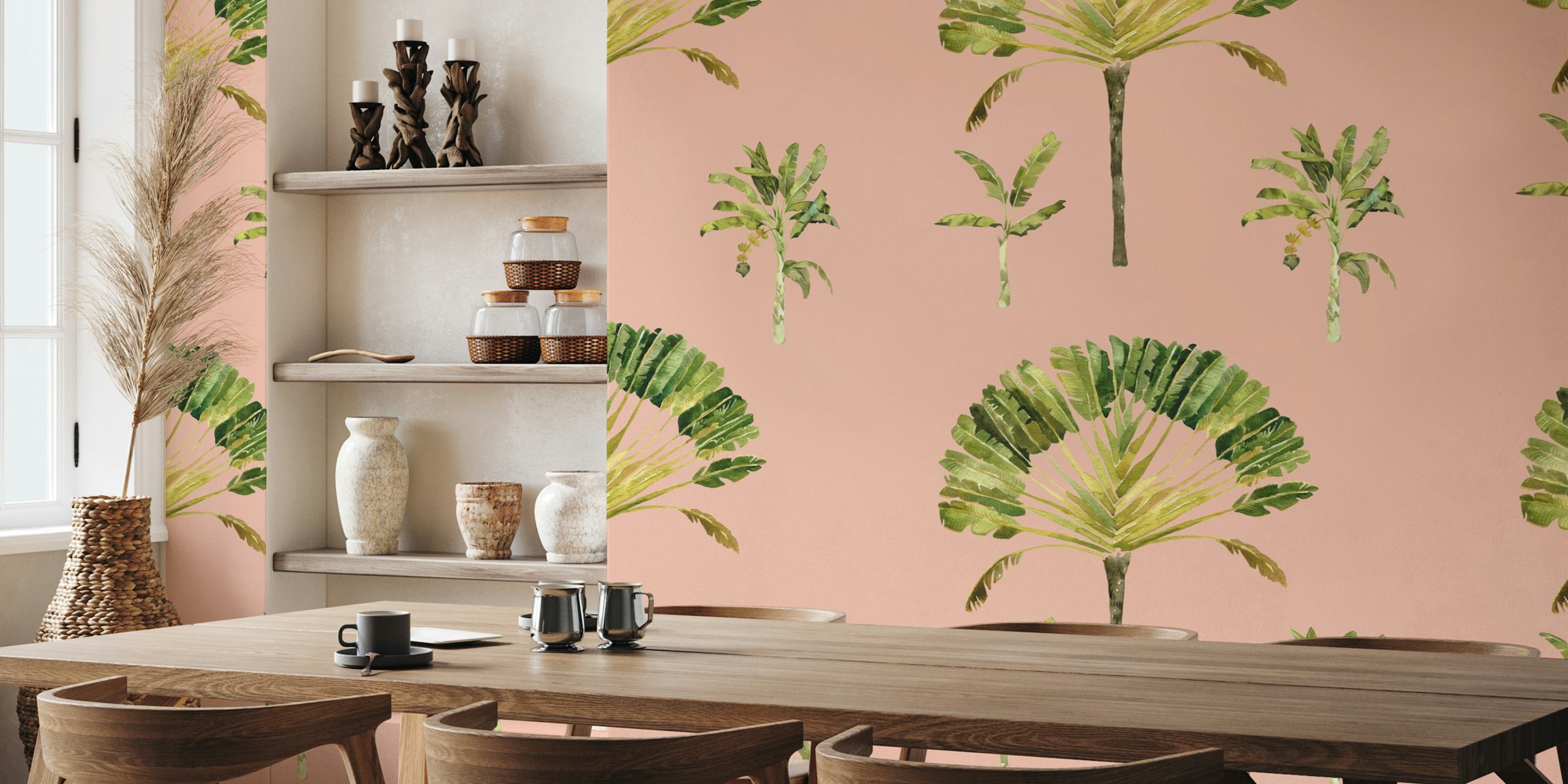 Tropical banana leaf shapes in shades of green on blush pink wallpaper