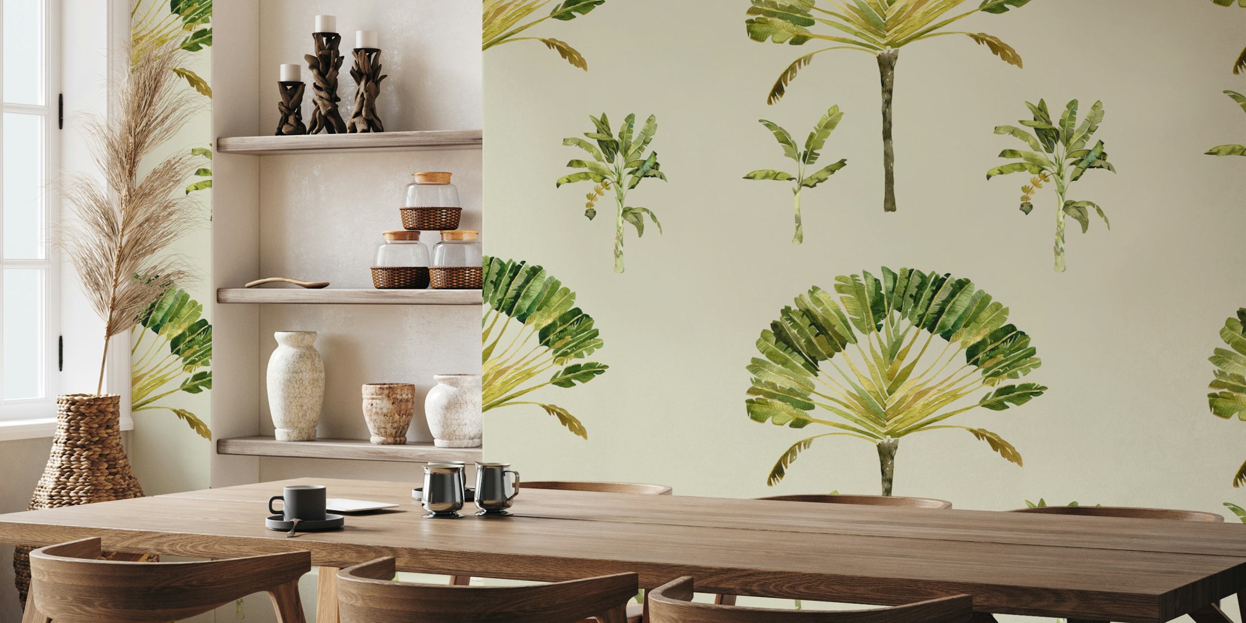 Lush jungle palms wallpaper displayed in a room