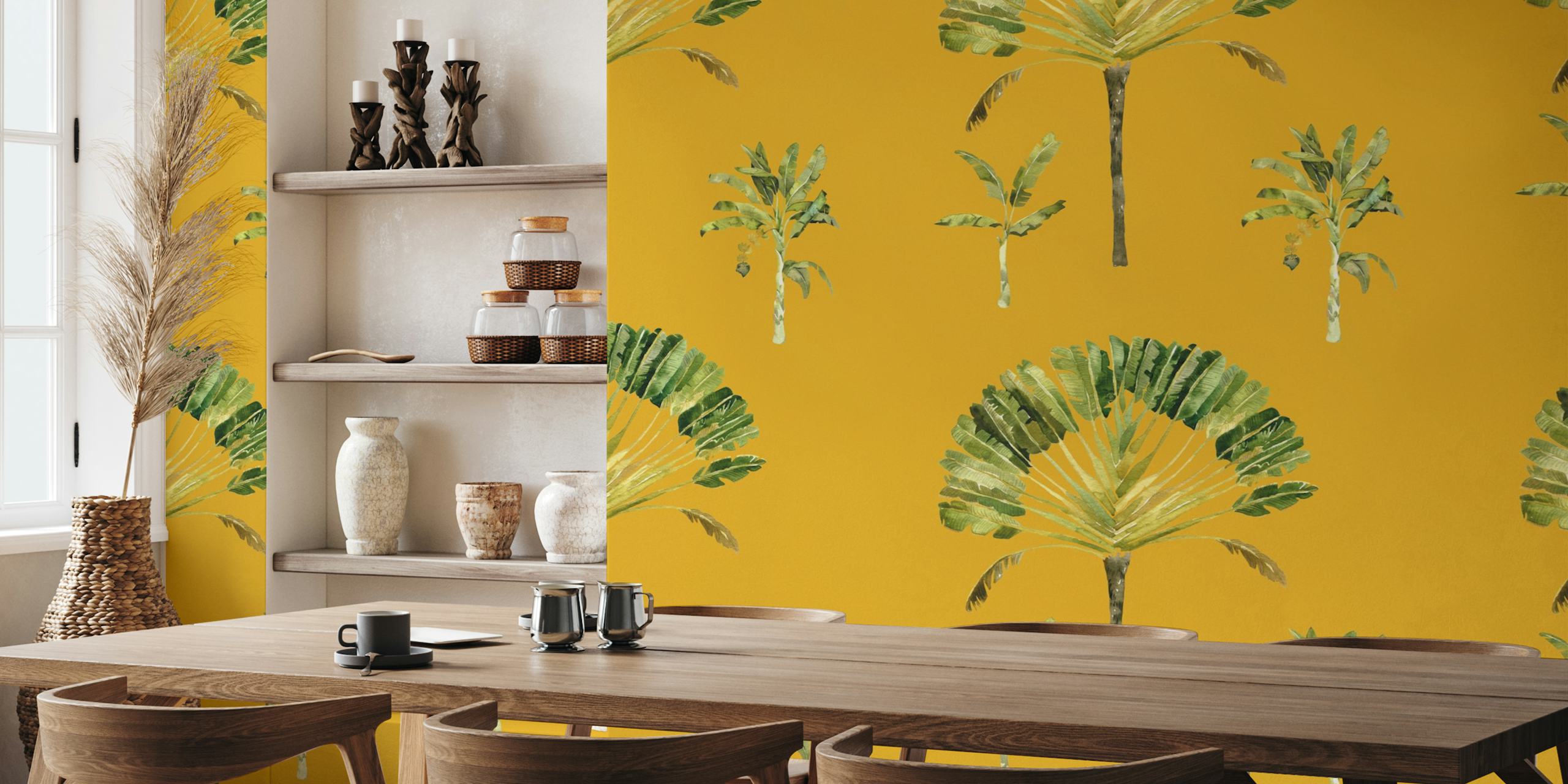 Tropical Banana Palm Trees watercolor wallpaper in a room