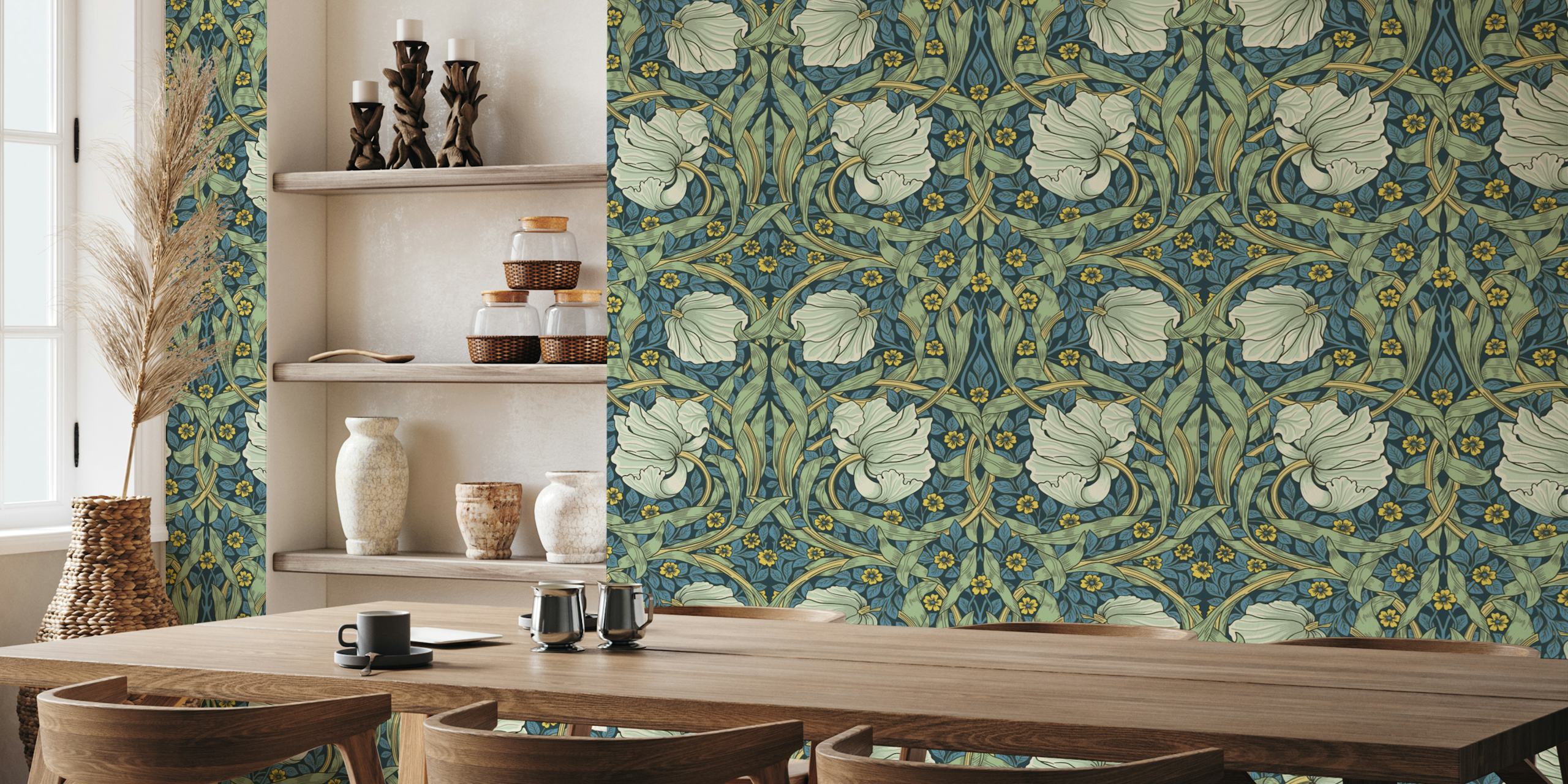Blue flowering plants and leaves wallpaper