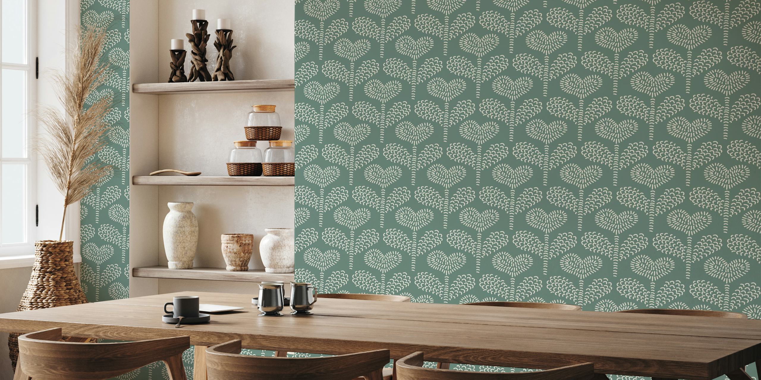 Whimsical heart floral patterns in white over sage green wallpaper