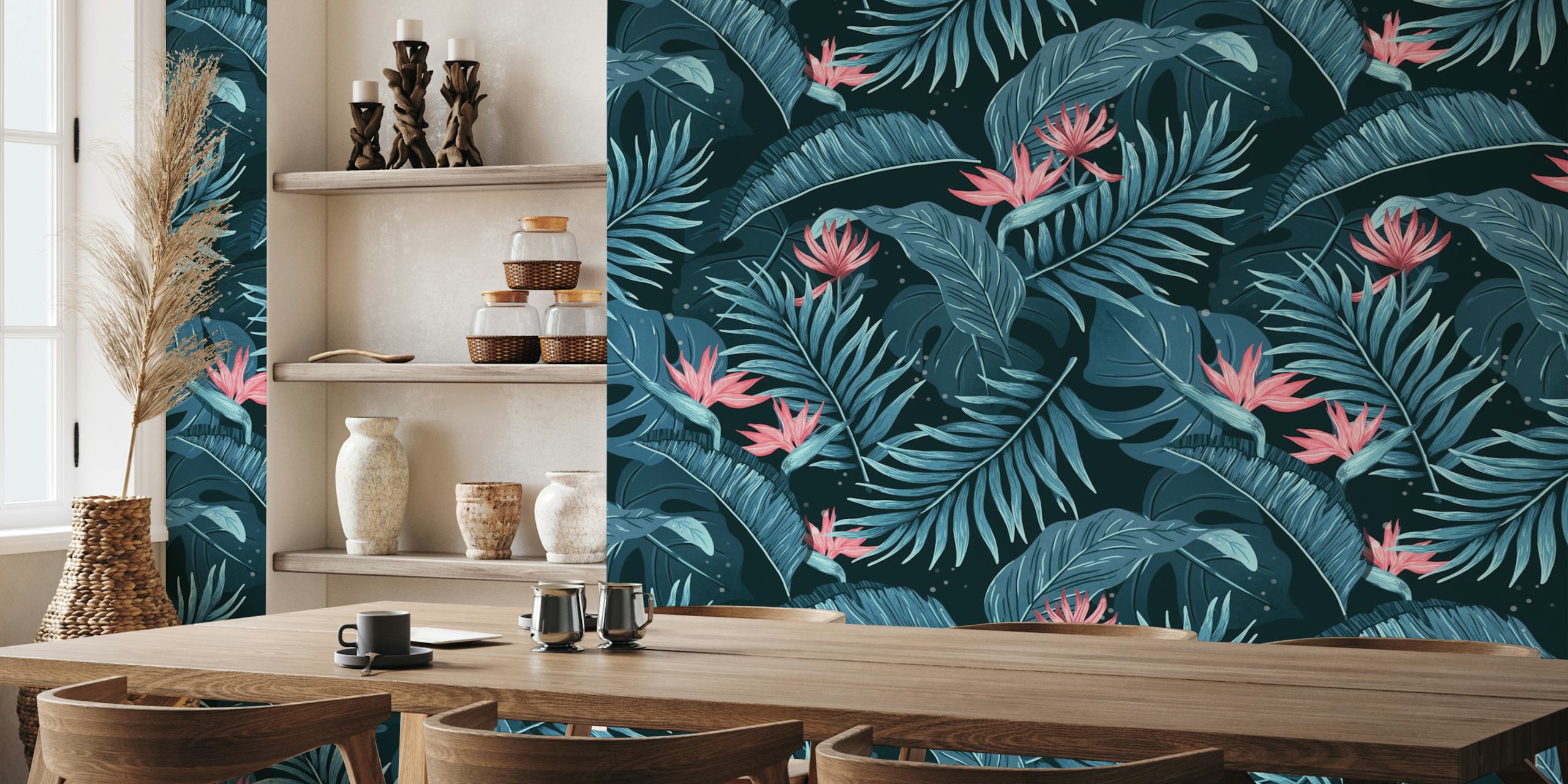 Papel pintado Tropical Leaves blue exhibido en una habitación