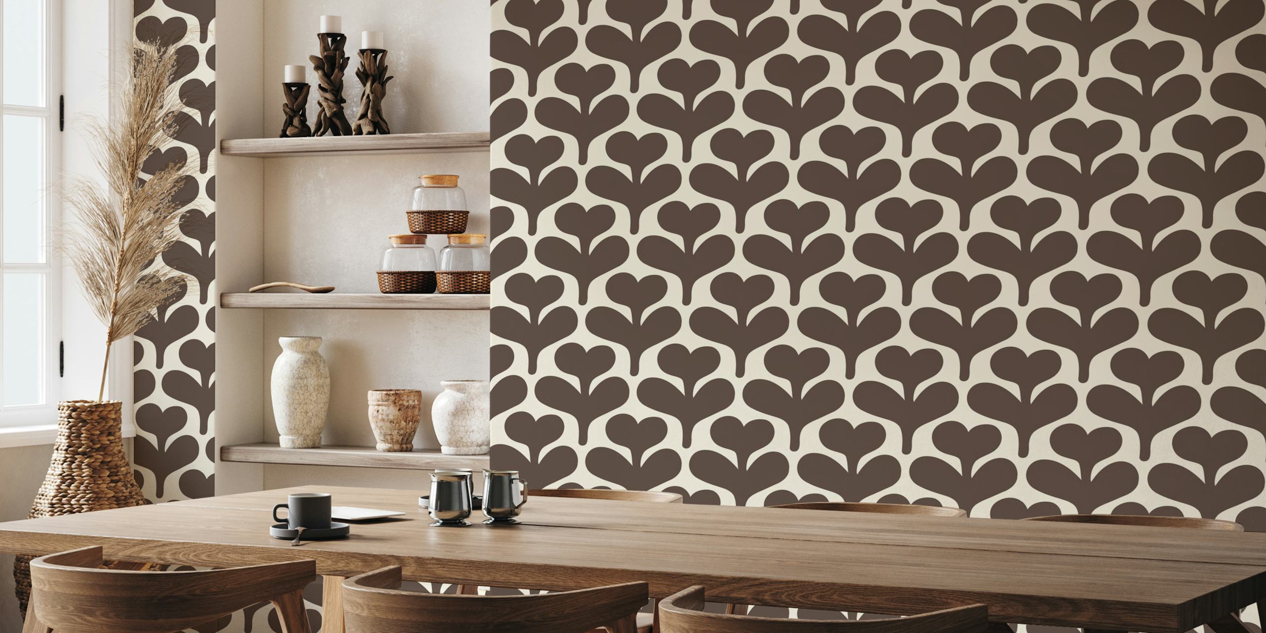 Brown heart floral silhouettes pattern wallpaper