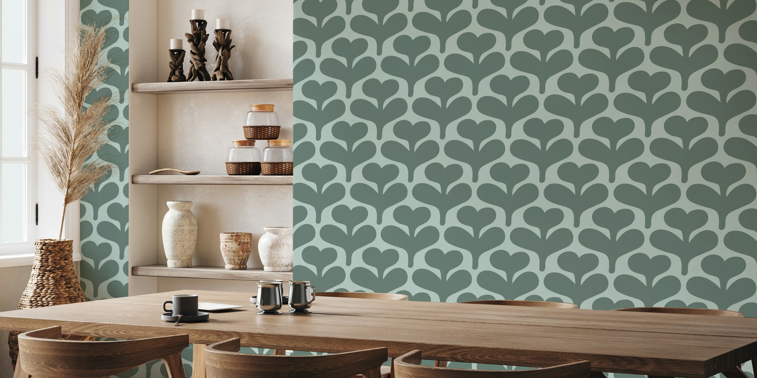 Modern Retro Sage Green Heart Shaped Flowers ταπισερί
