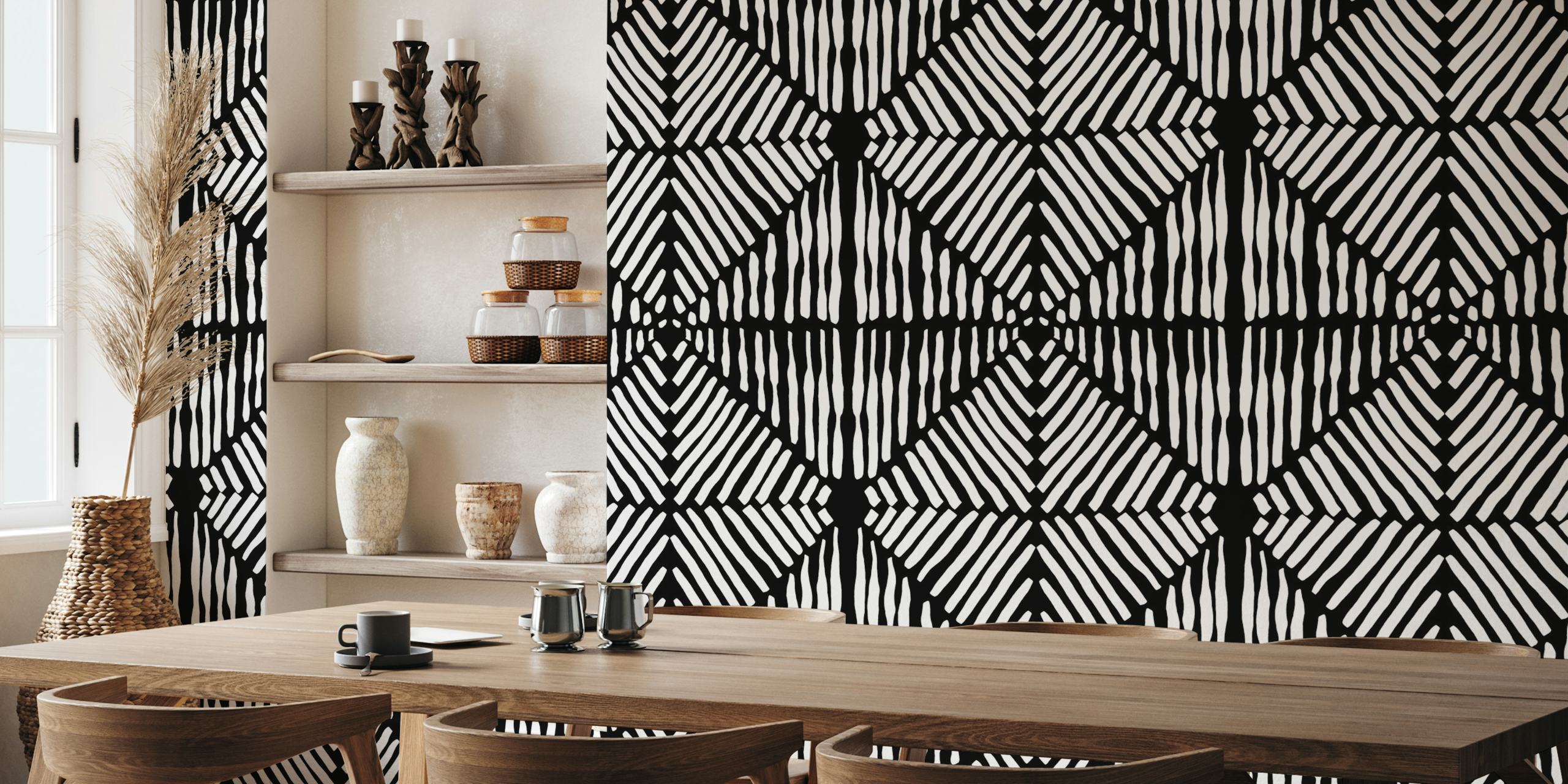 Black and white striped tribal pattern wallpaper
