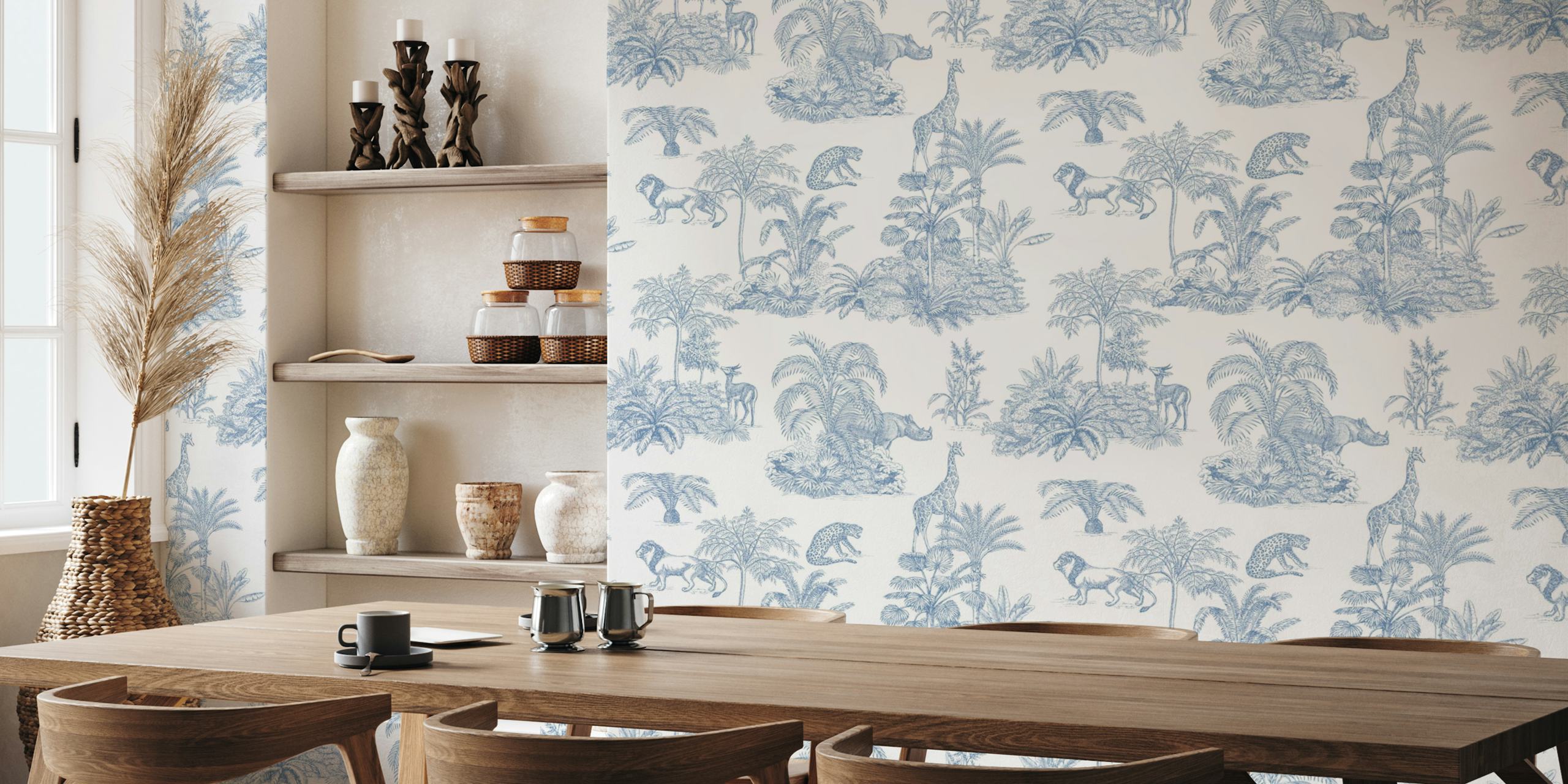 Wallpaper Blue Toile Jungle Scene en una habitación