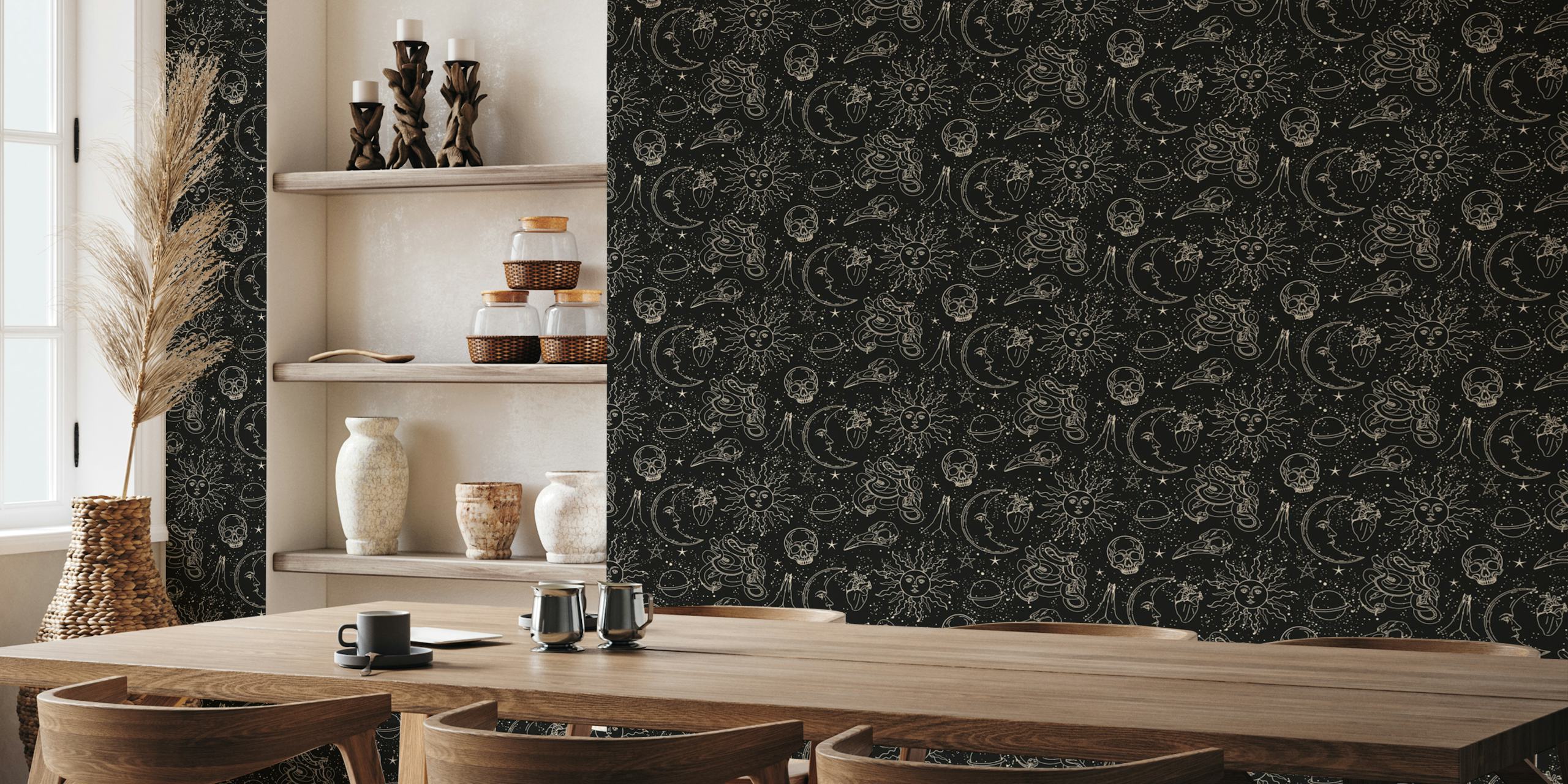 Celestial sun, moon, and star patterns in black and gold wallpaper