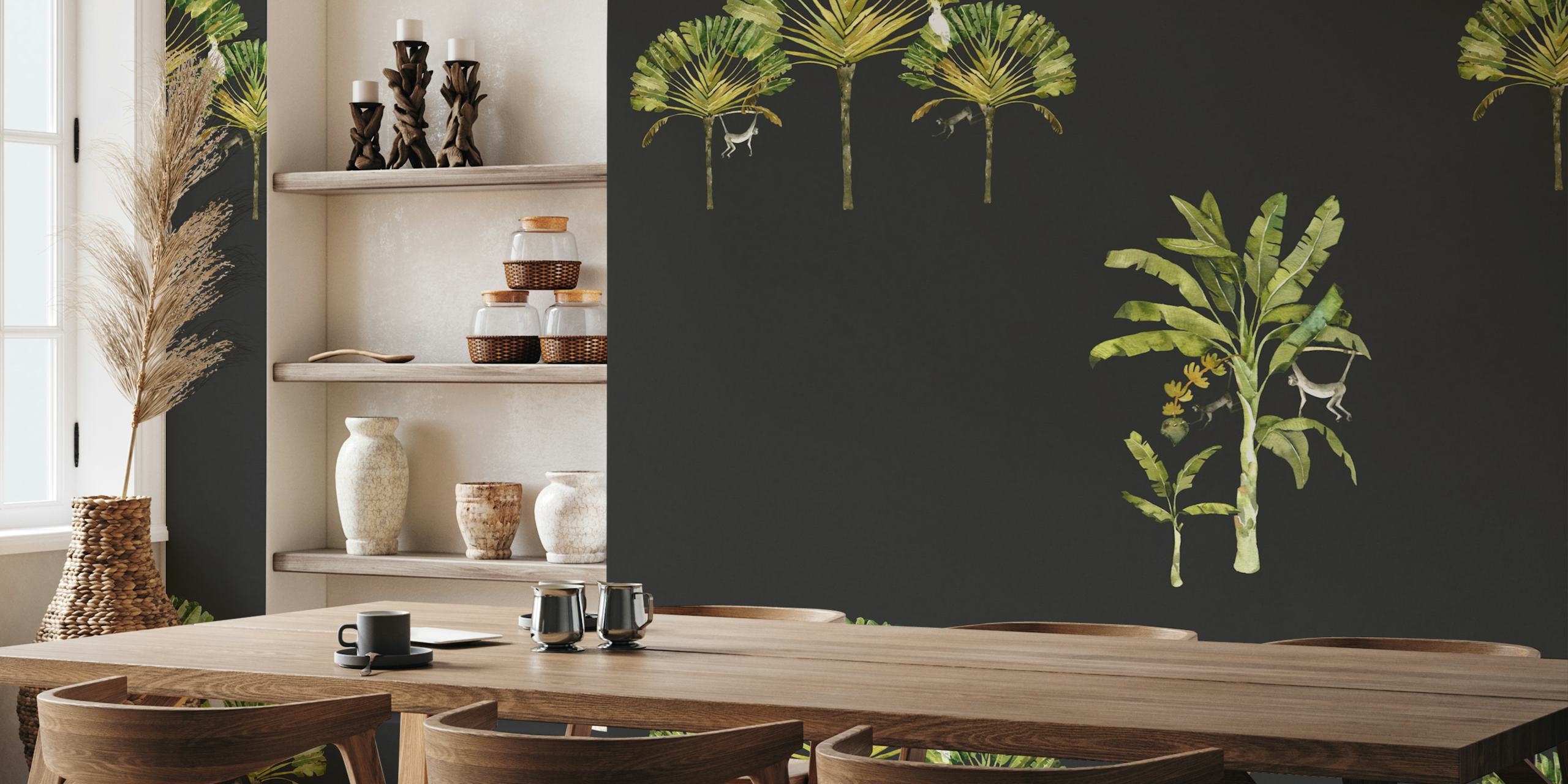 Tropical monkeys and parrots wallpaper in a room