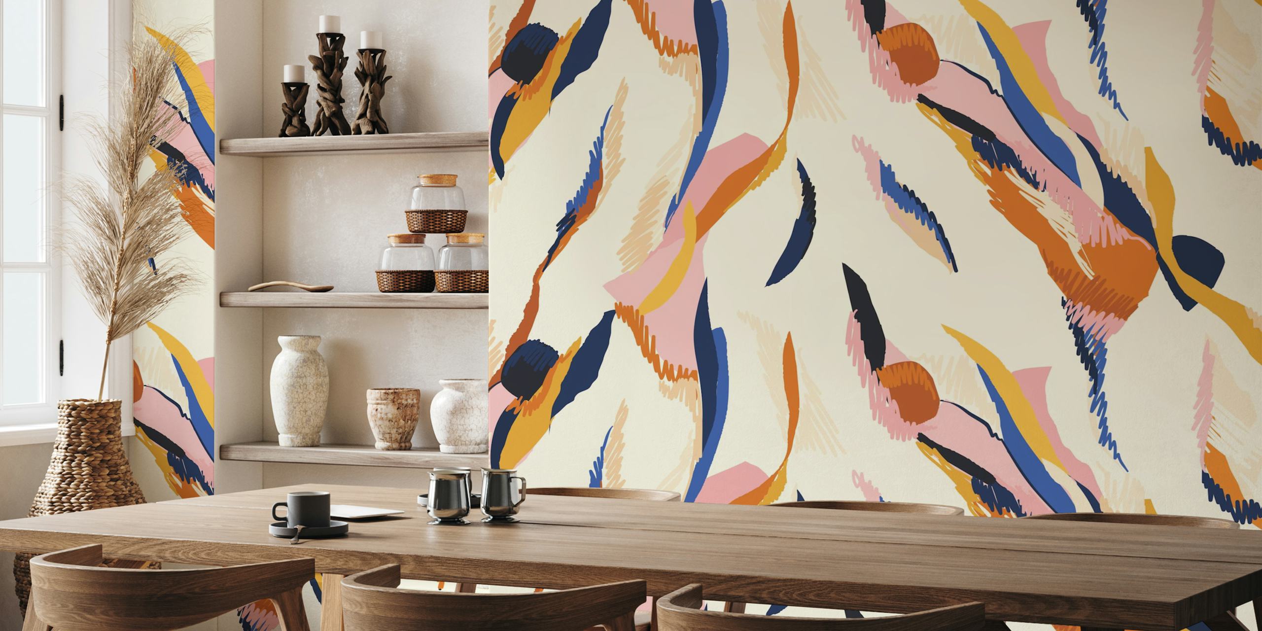 Bold artistic shapes wallpaper in a living room