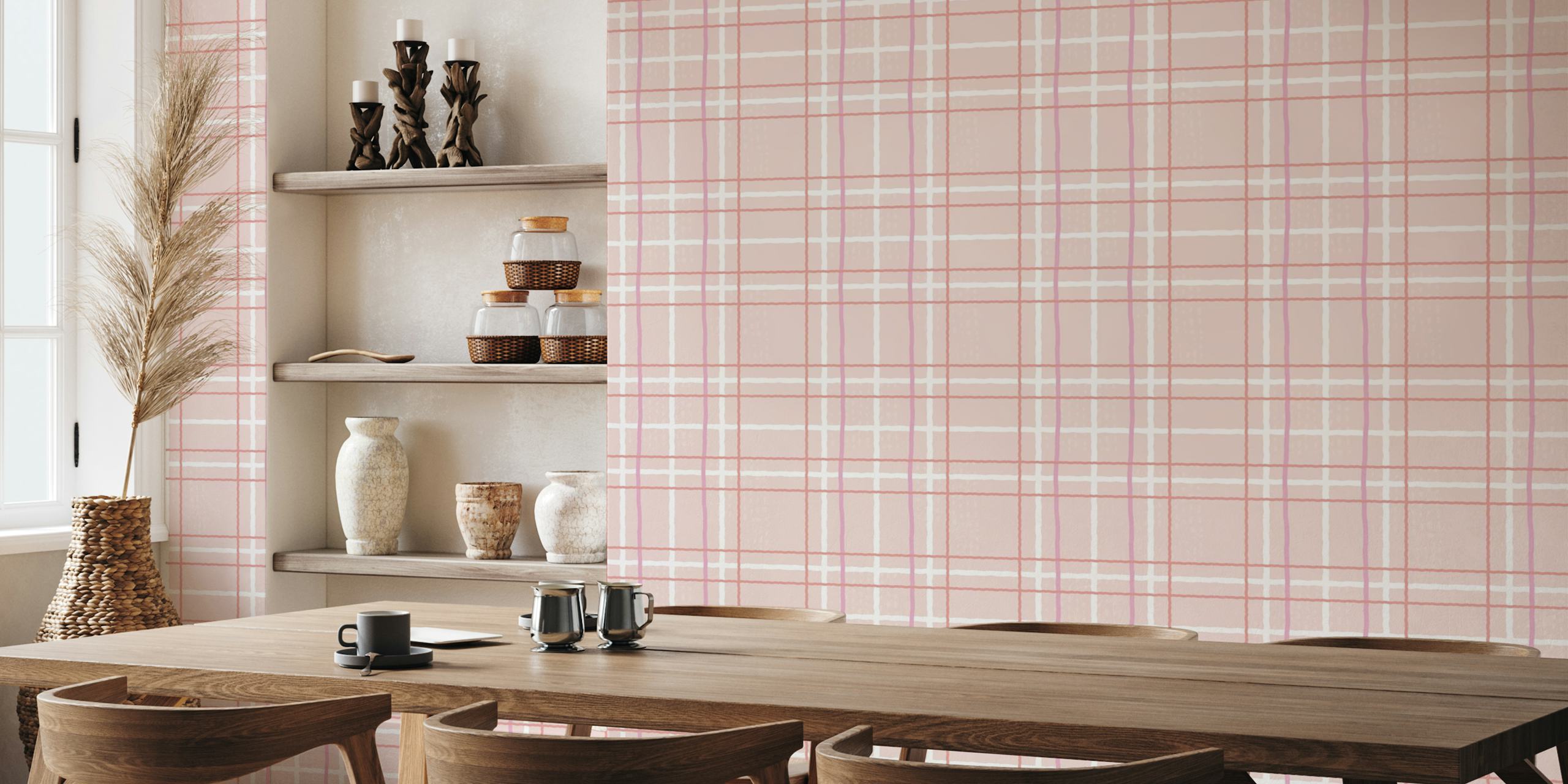Pink plaid doodles wallpaper in a room