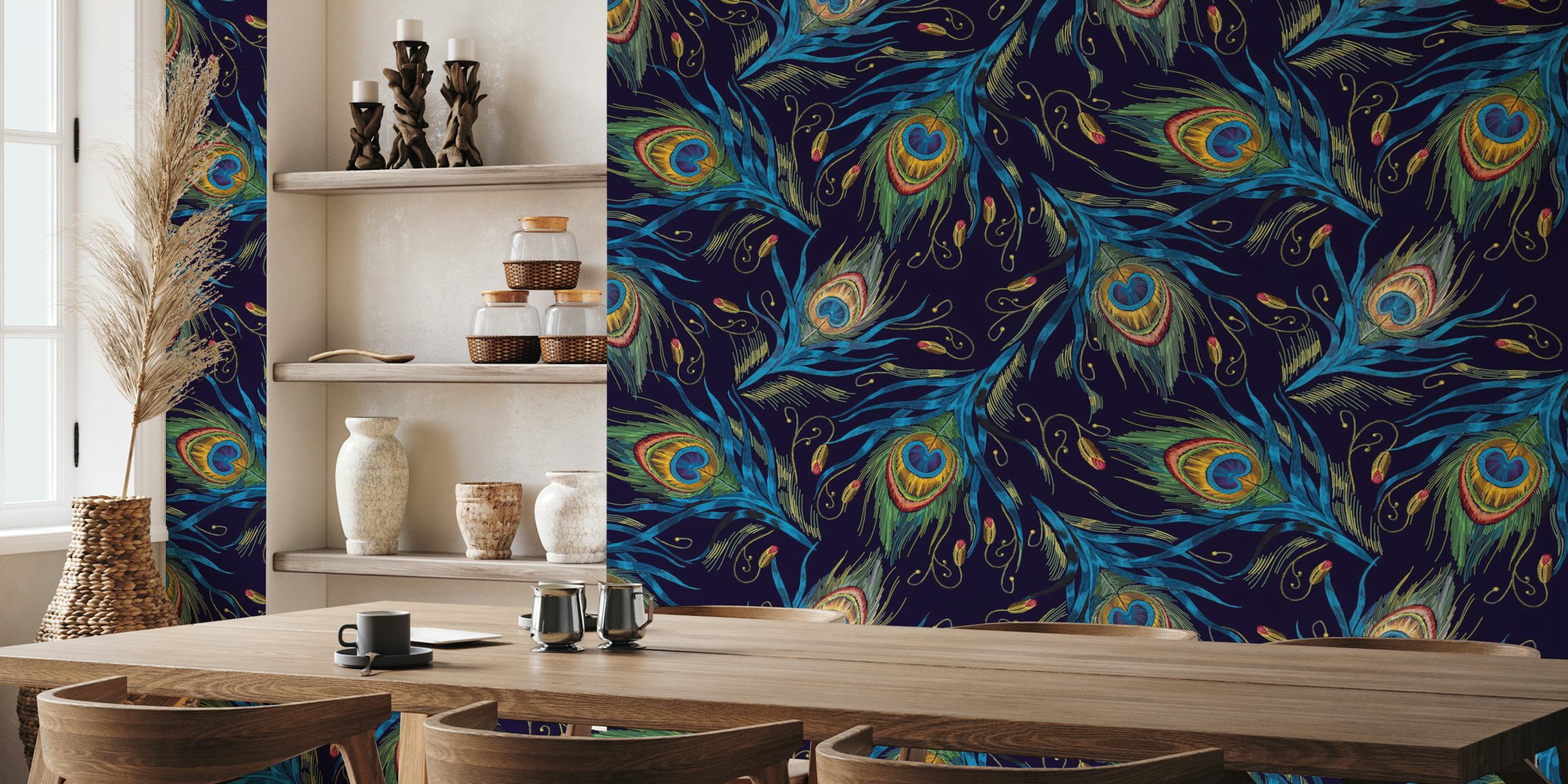Floral peacock feathers in green and blue tones on dark wallpaper