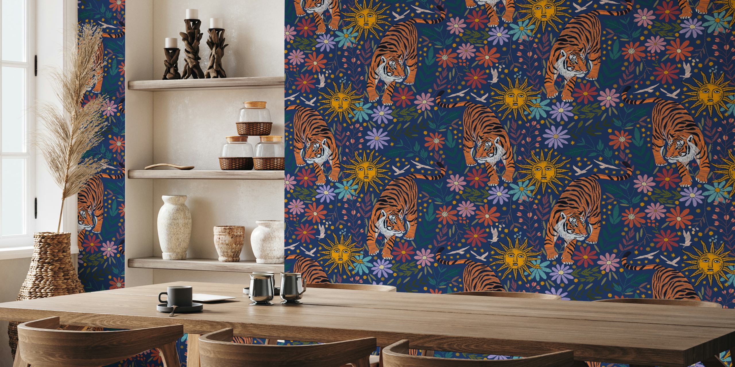 Tigers and sun motifs with colorful flowers on a navy background wallpaper