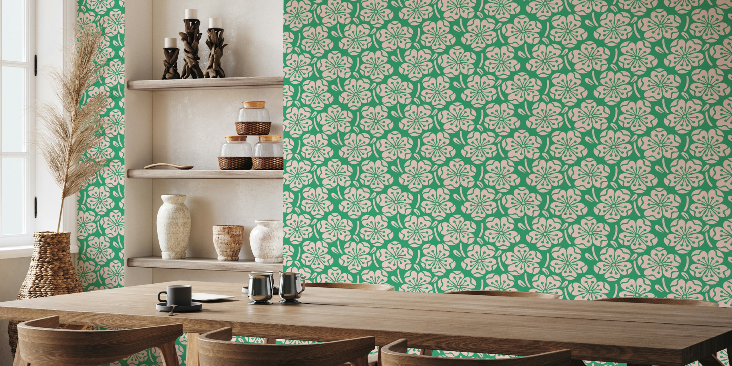 Pink floral patterns on green background wallpaper