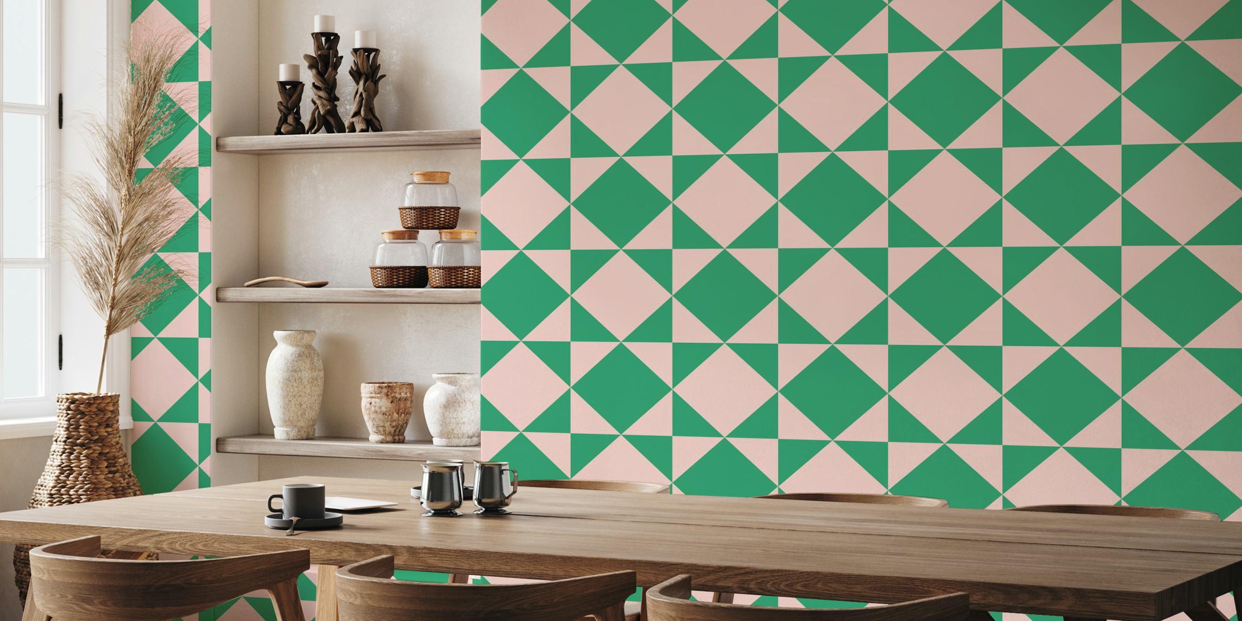 Geometric diamond pattern in pink and green wallpaper