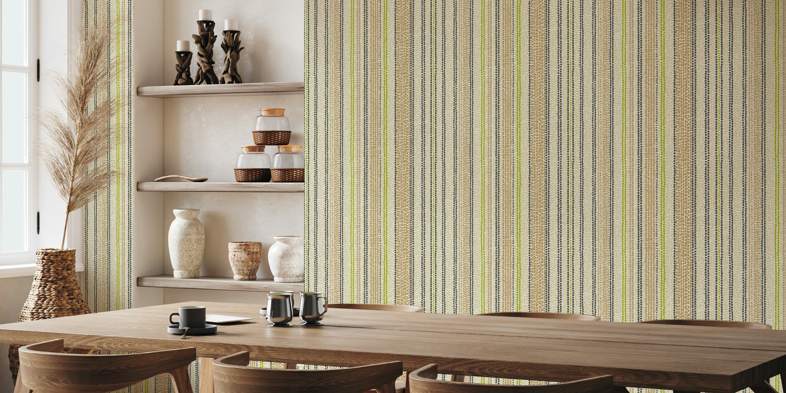 Handwoven striped pattern in khaki, green, and black colors wallpaper