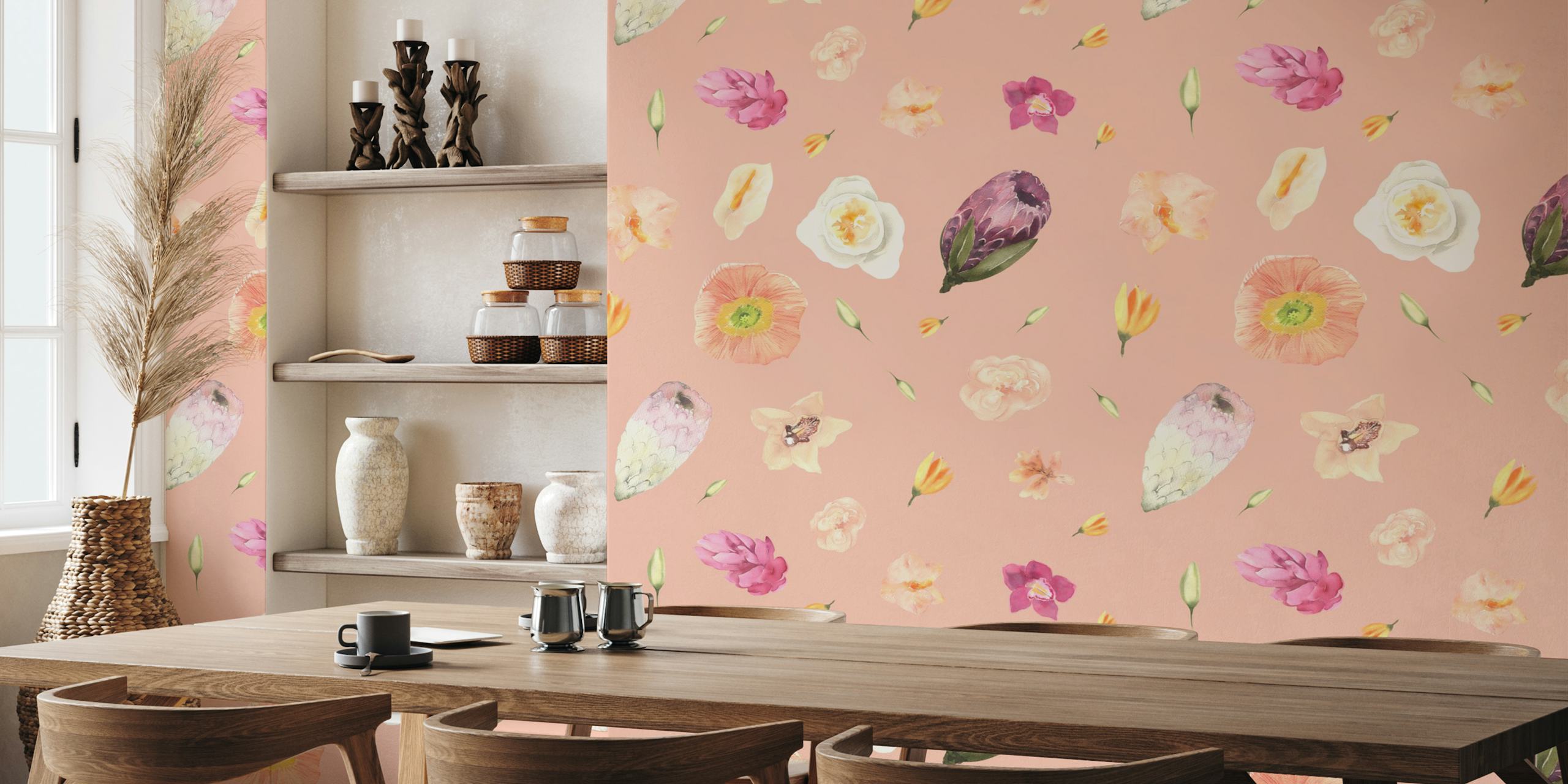 Hand-painted tropical flowers wallpaper in a room