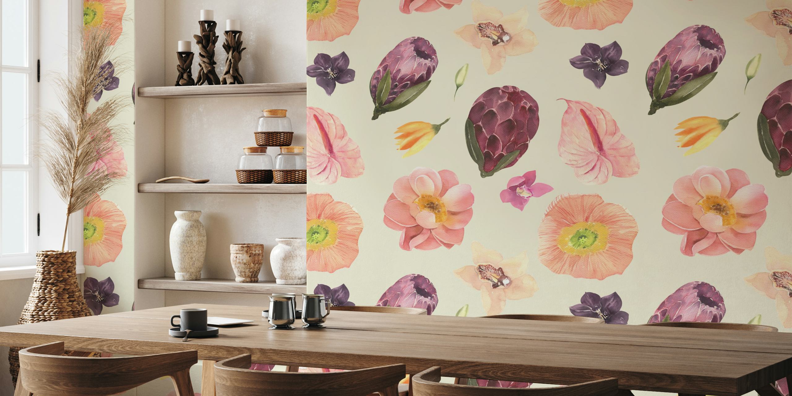 Tropical floral pattern with pastel colored flowers wallpaper