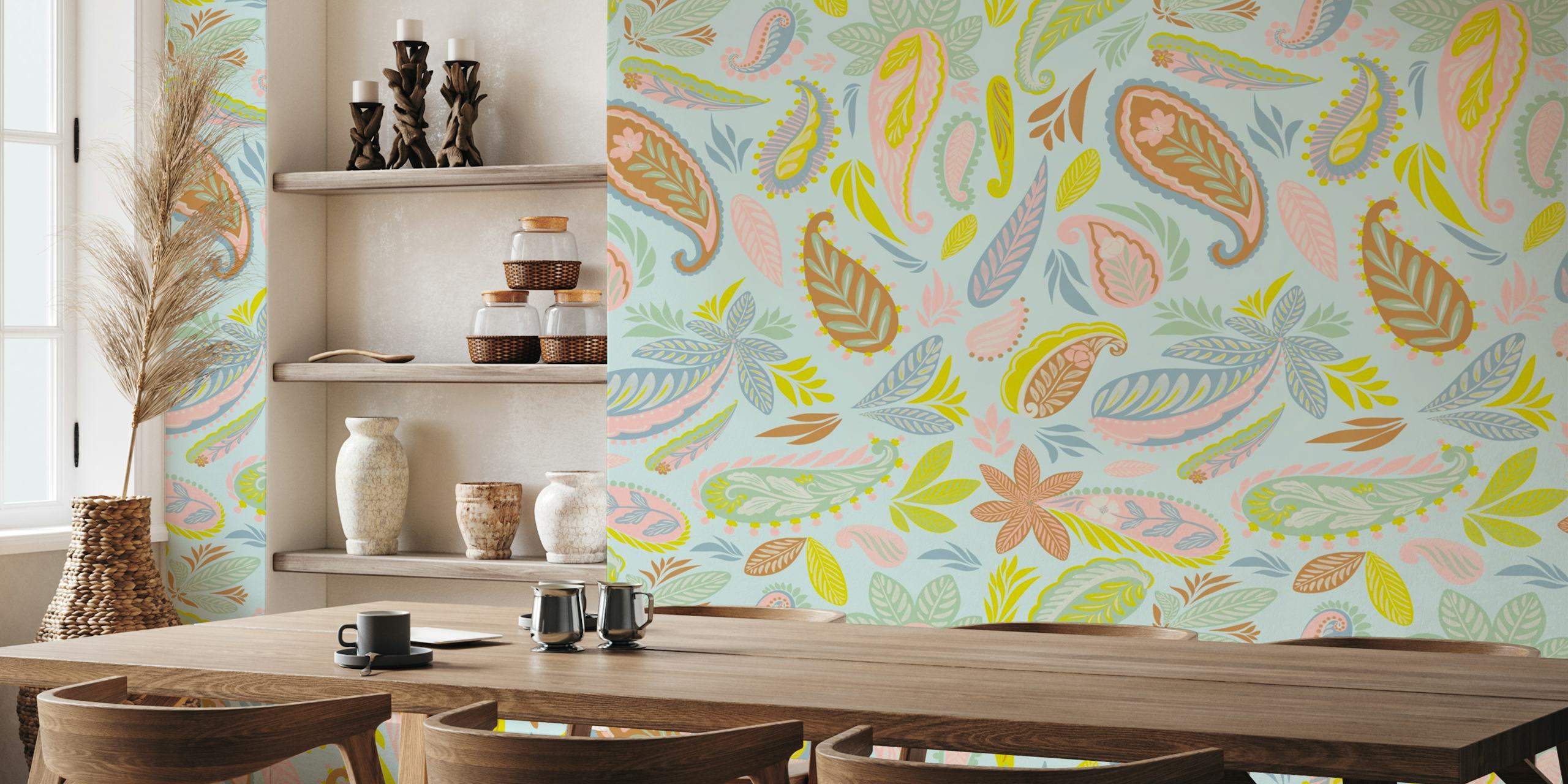 Colorful paisley pattern in pastel colors on a light blue background wallpaper