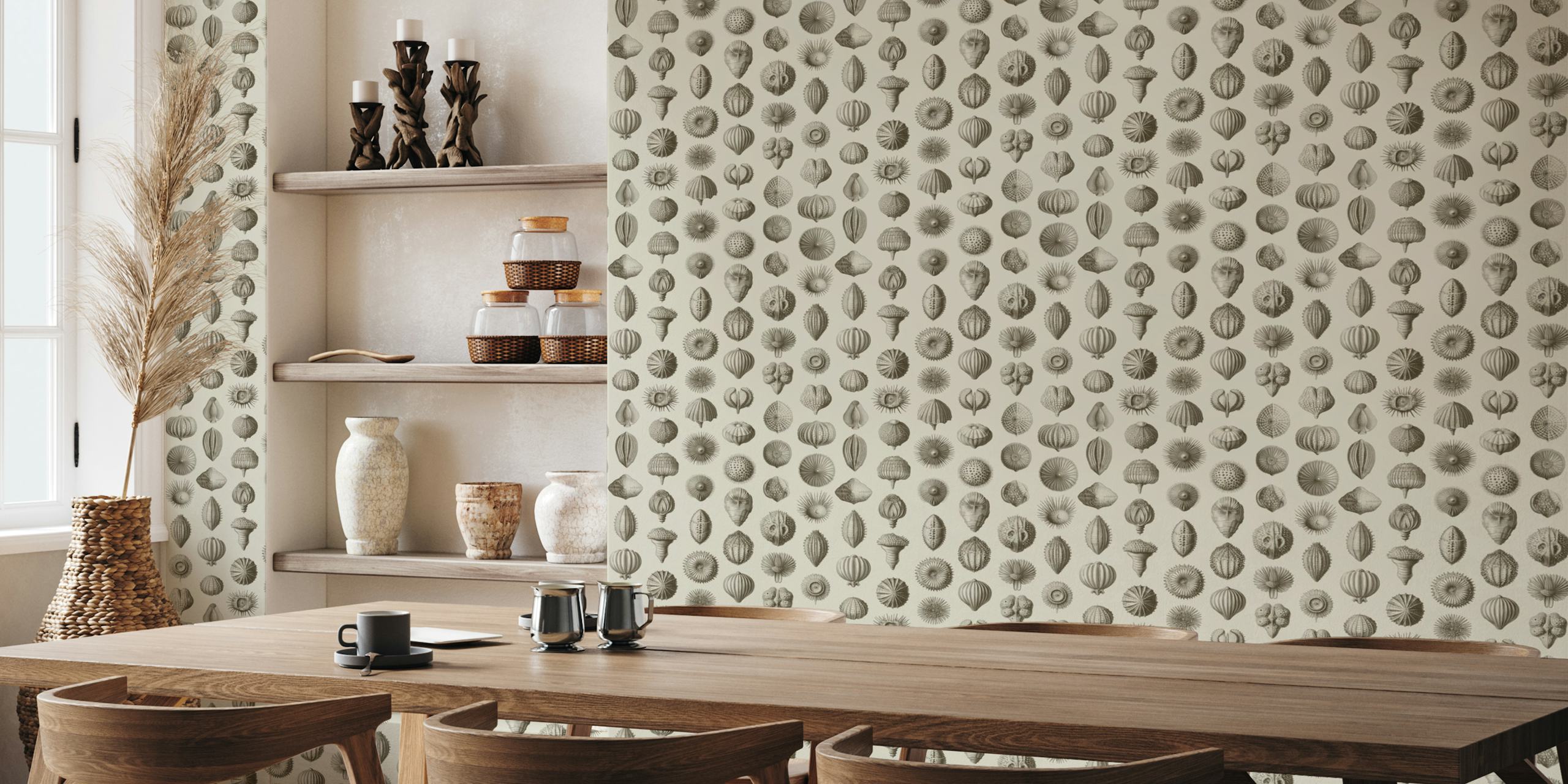 Various sea urchin shapes in umber and ivory wallpaper