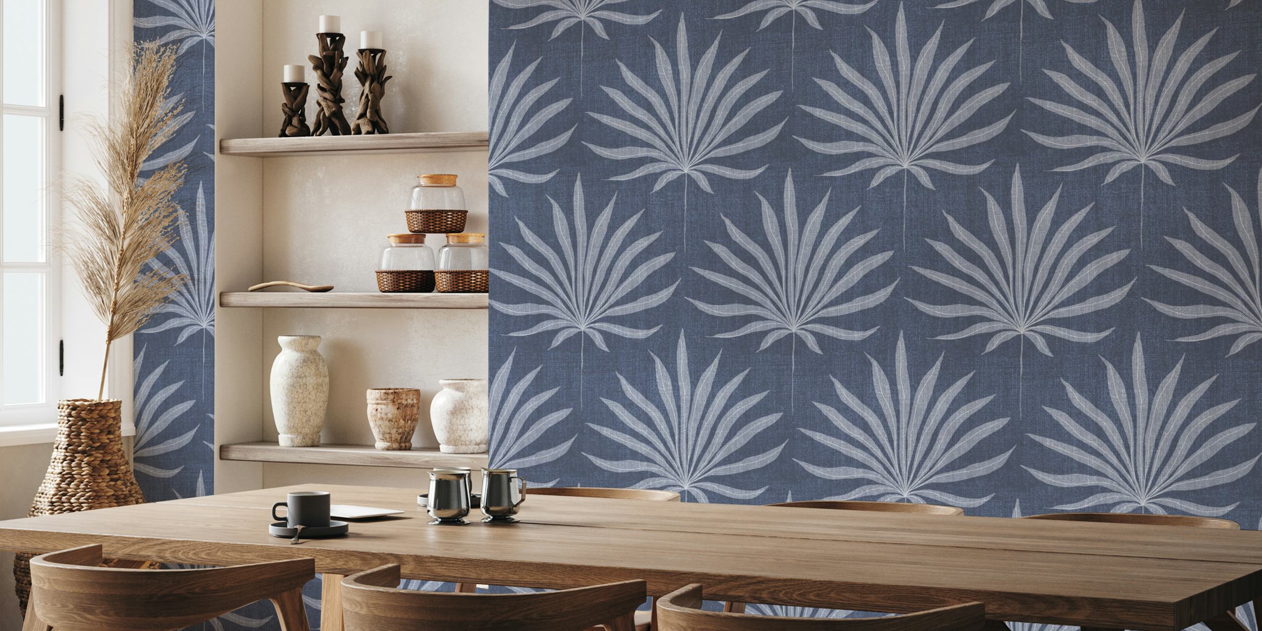 Denim blue palm frond wallpaper in a room