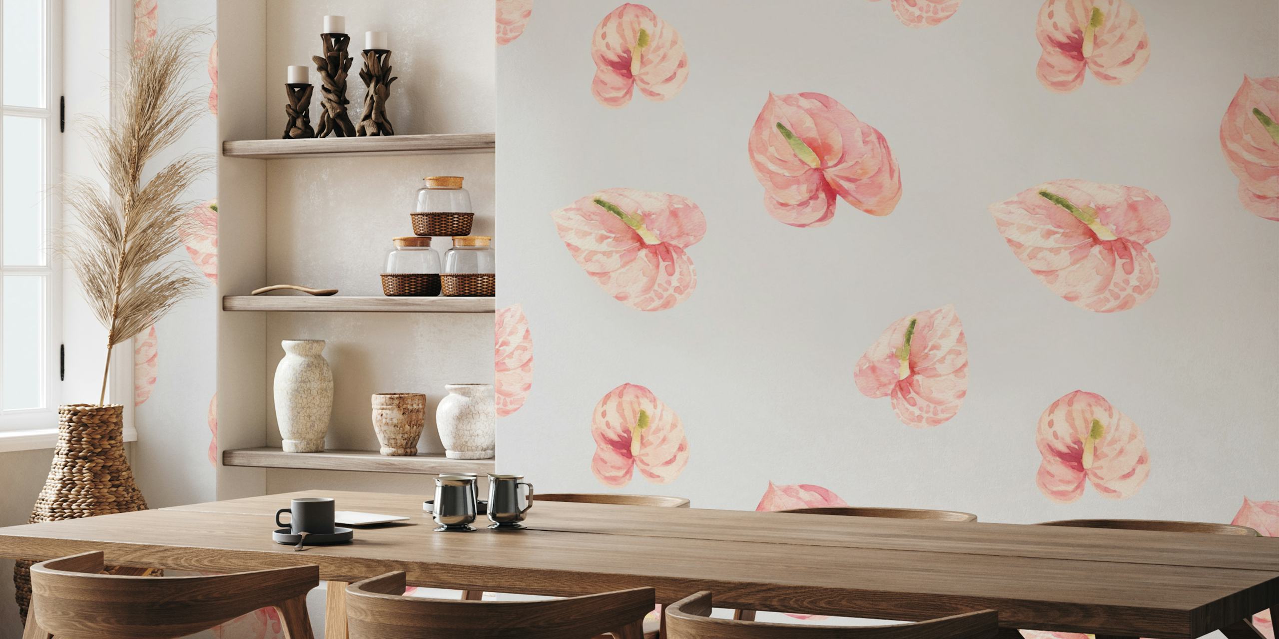 Tapeta Scattered Pink Tropical Flowers w pokoju