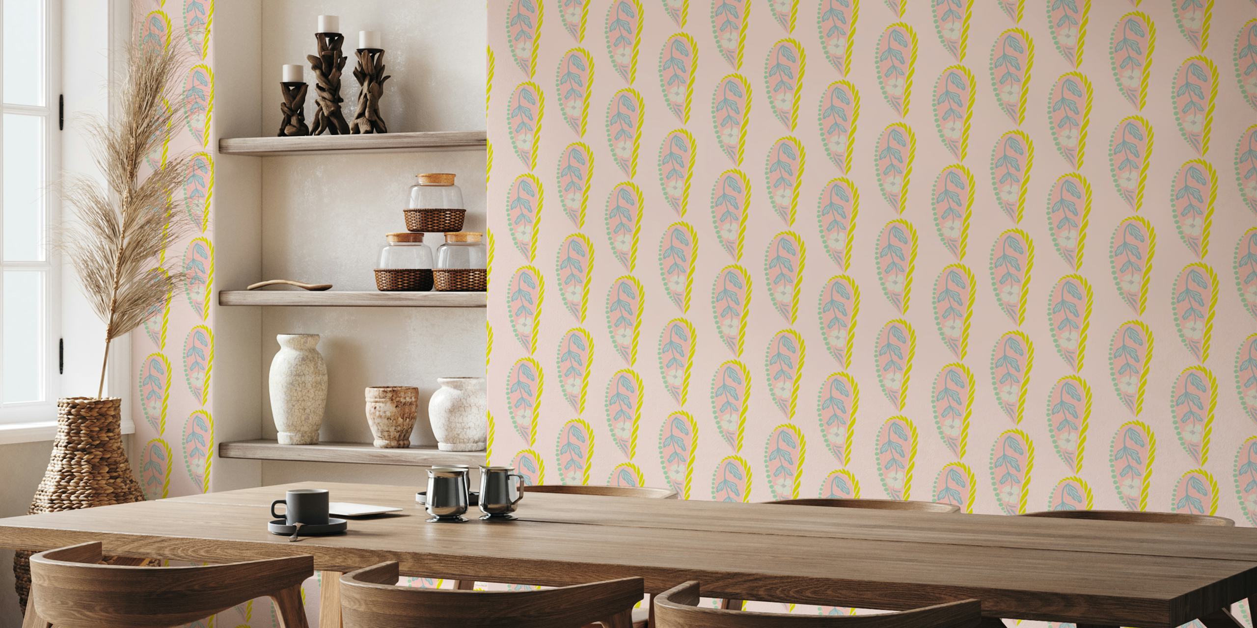 Floral leaf design in pink, blue, and yellow wallpaper