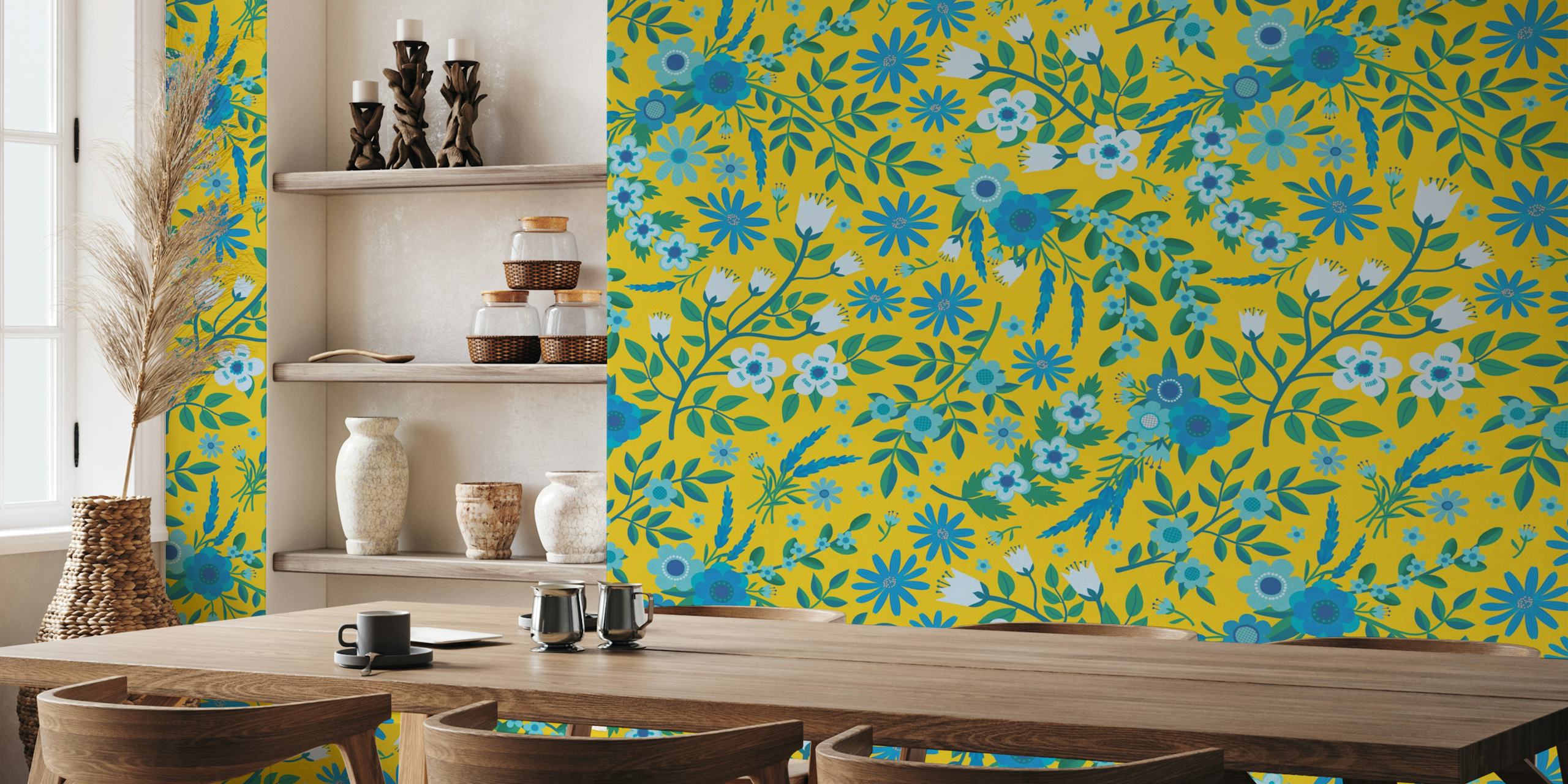 Blue daisies and lavender flowers on yellow mustard wallpaper