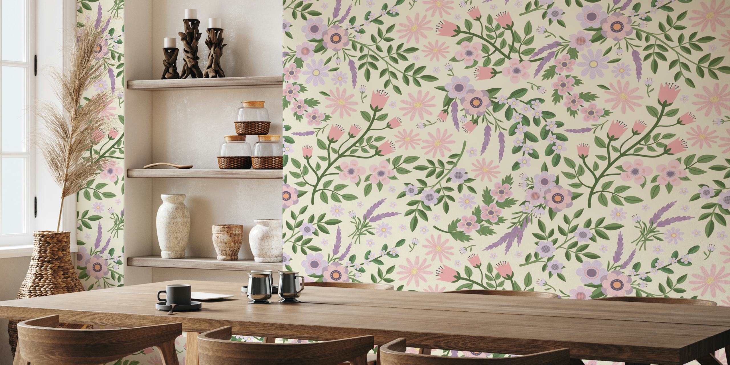 Summer Lavender and Daisies floral wallpaper in a room