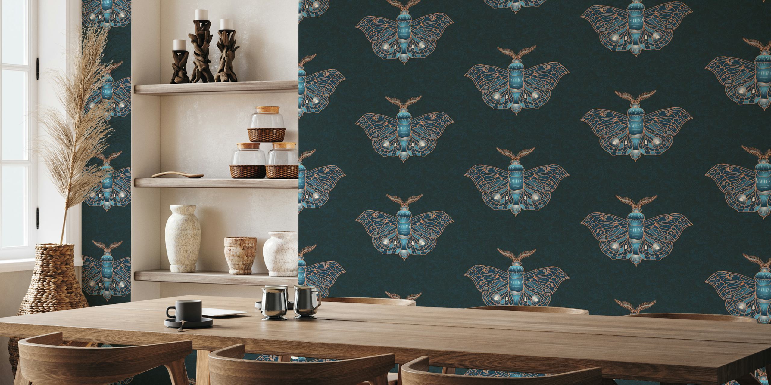 Celestial moth pattern with blue and copper tones wallpaper