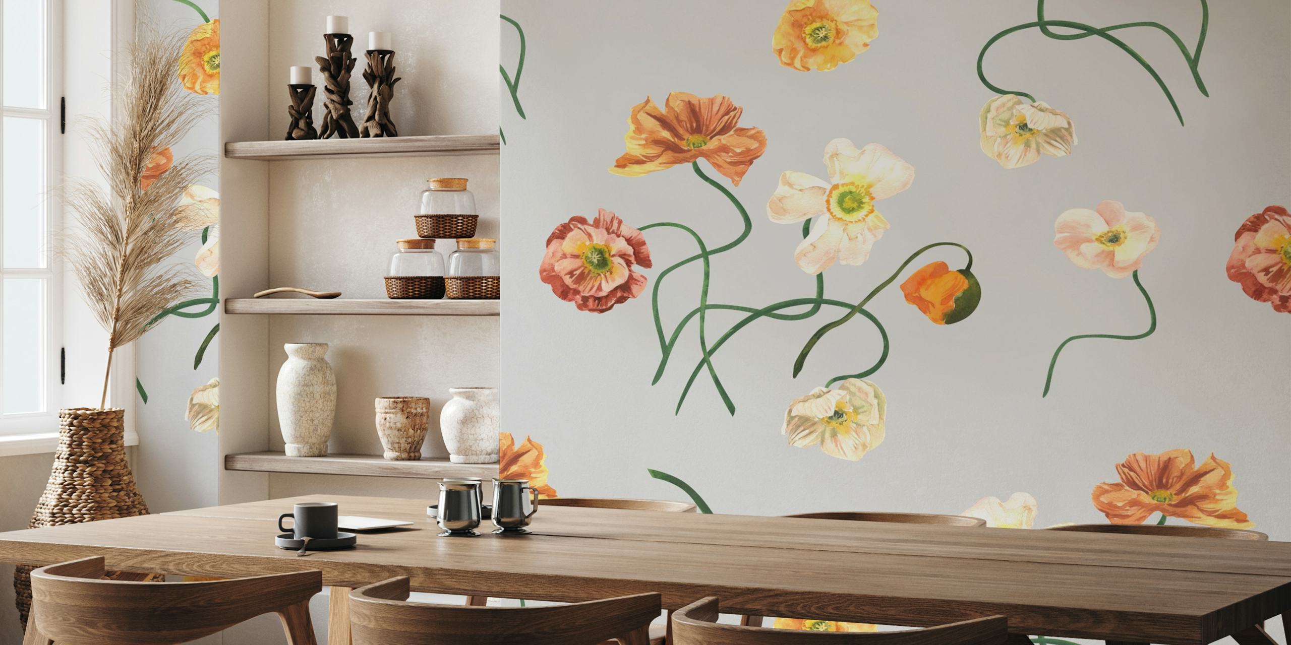 Golden and Blush Poppy Pattern wallpaper in a room
